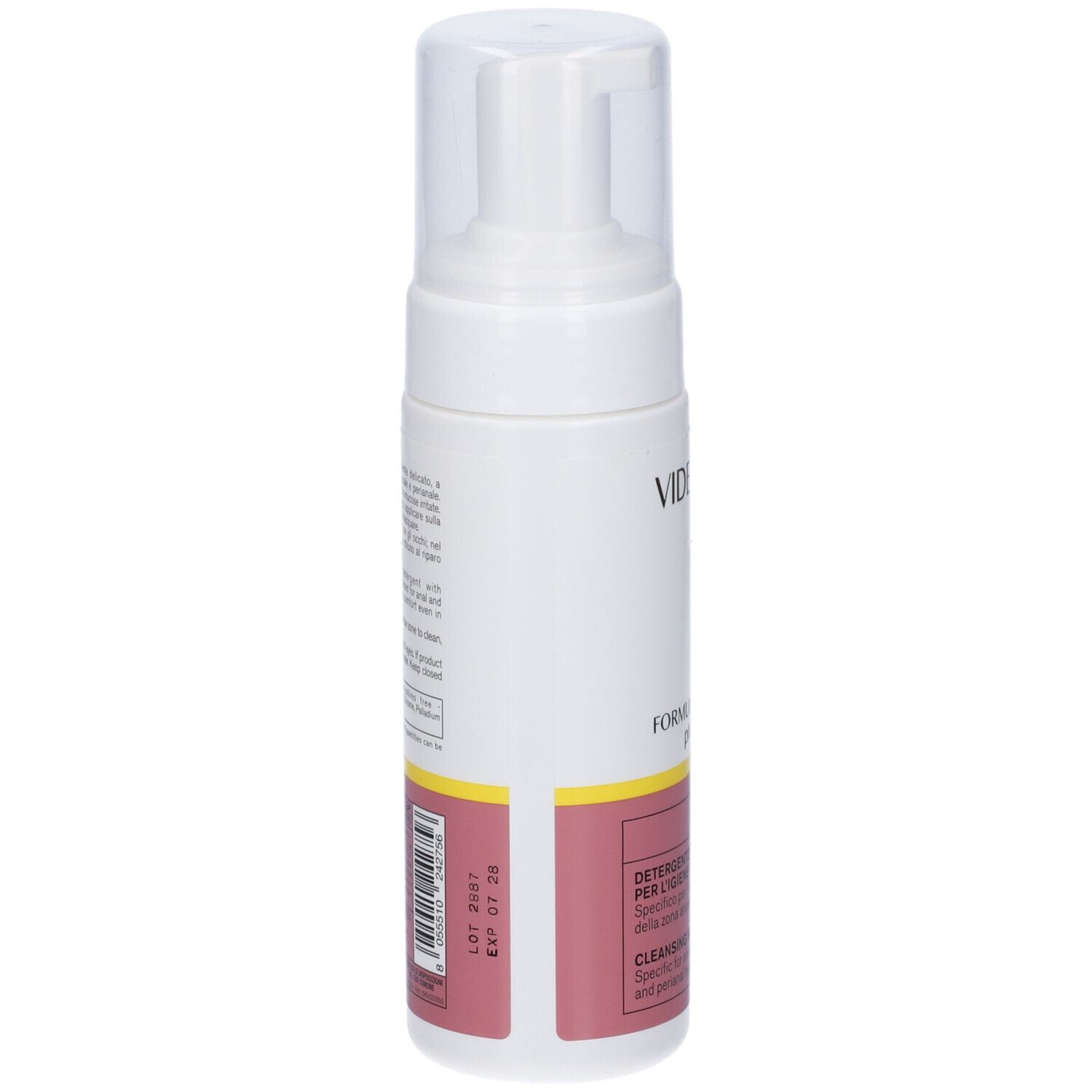 Weiße Schaumspenderflasche mit klarem Deckel. Enthält Etiketten mit Produktinformationen und Verfallsdatum.
