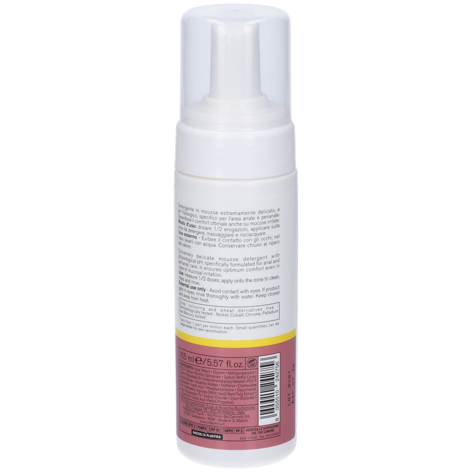 Weiße Schaumspenderflasche mit klarem Deckel. Enthält 150 ml.
