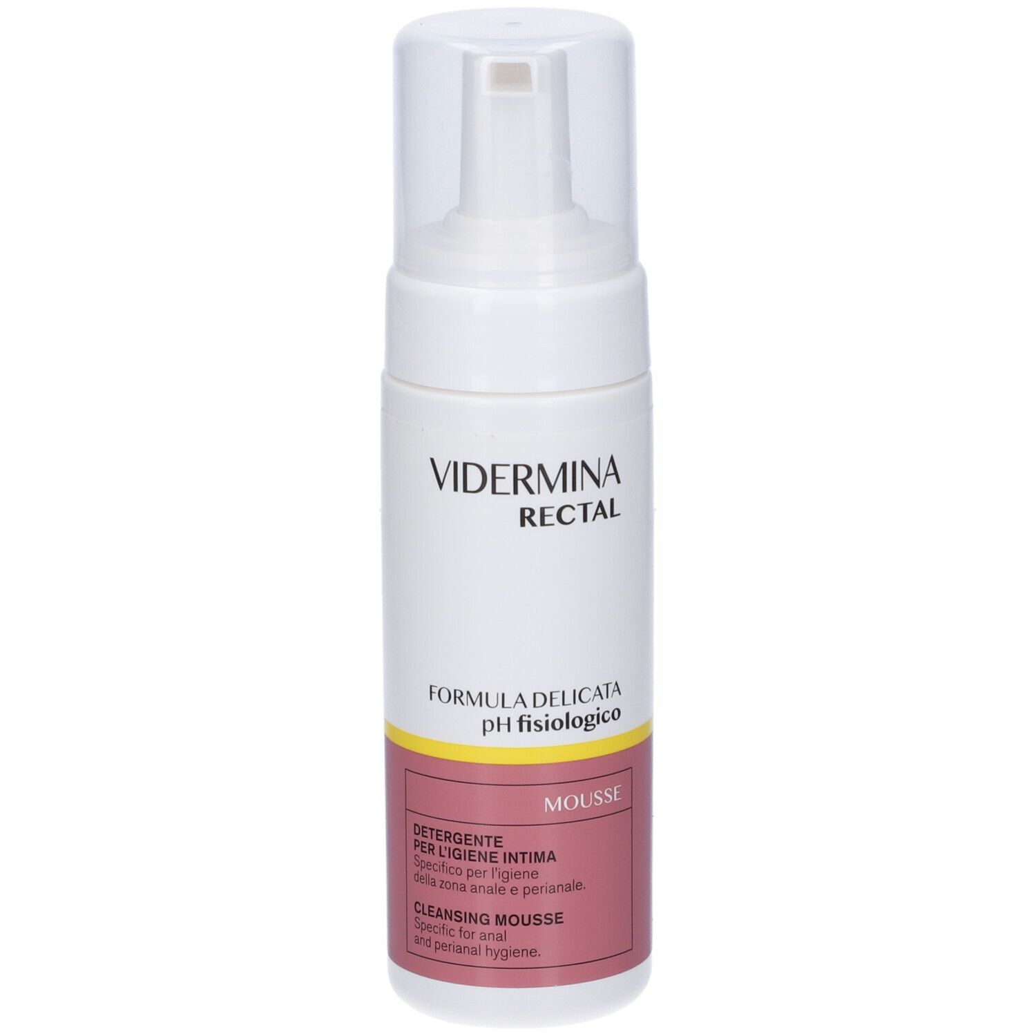 Weiße Sprühflasche mit VIDERMINA RECTAL Schriftzug. pH-hautneutral.