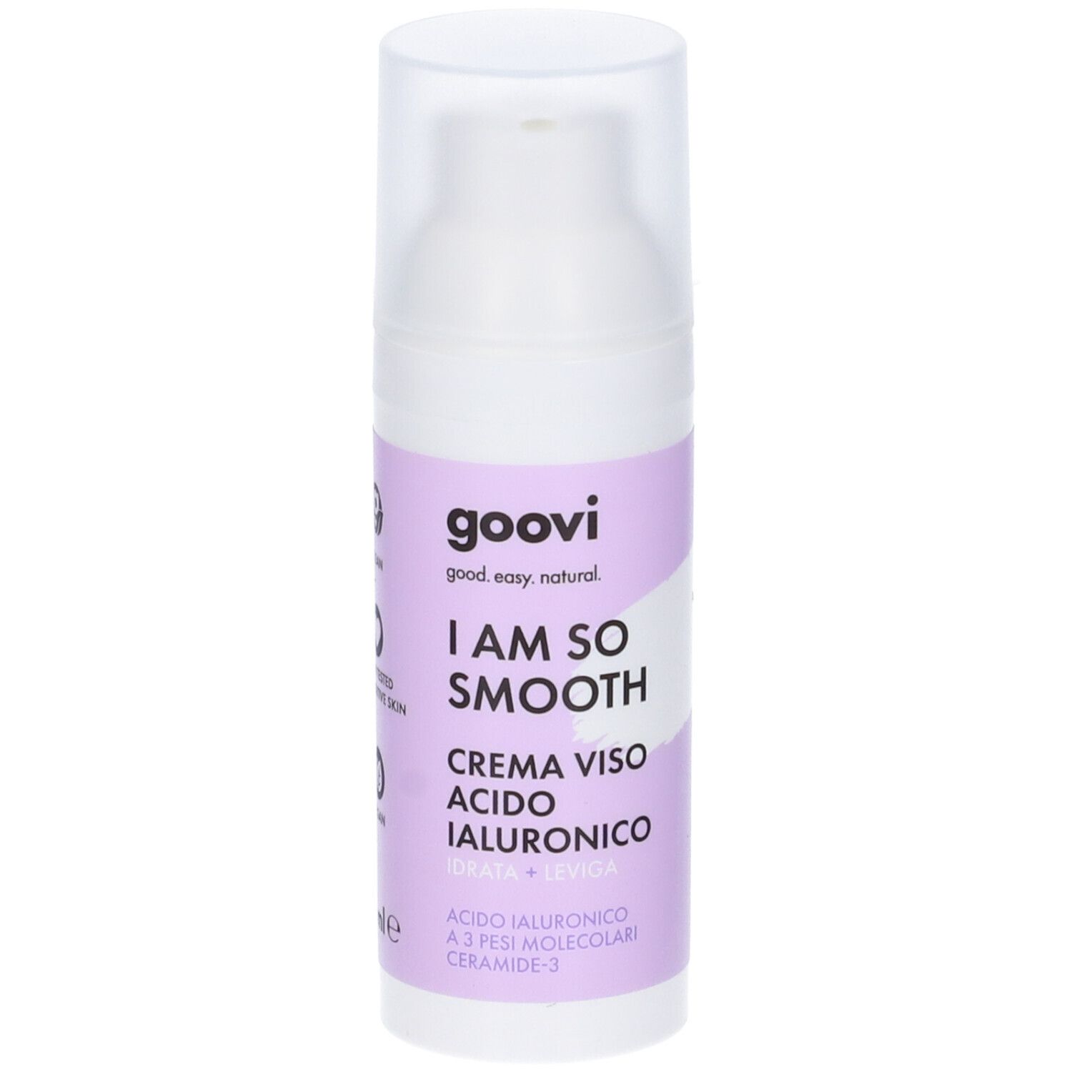 Weiße Flasche mit lila Etikett. Text: Goovi, I Am So Smooth, Crema Viso Acido Ialuronico. Transparenter Deckel.