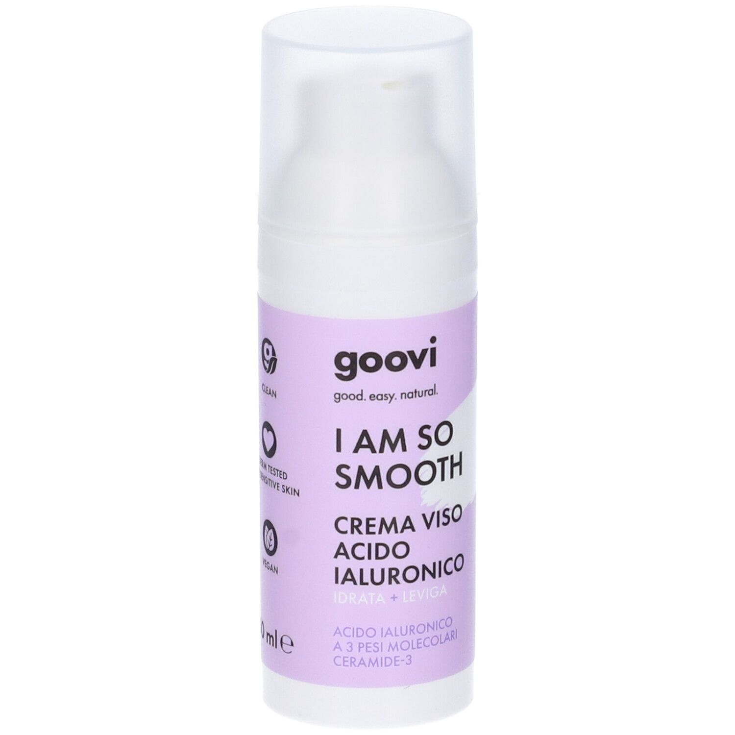 Weiße Flasche mit lila Etikett. Text: Goovi, I Am So Smooth, Crema Viso Acido Ialuronico. Vegan, dermatologisch getest.
