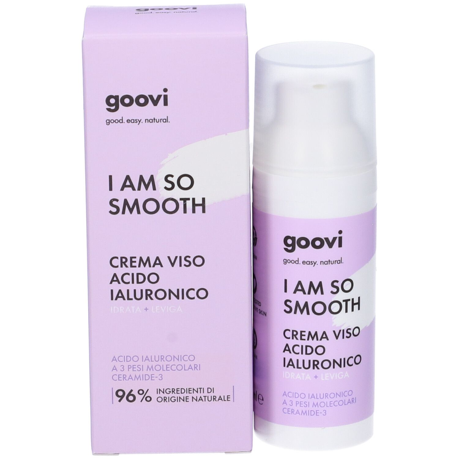 Produktverpackung und Flasche. Text: Goovi, I Am So Smooth, Crema Viso Acido Ialuronico. 96% Inhaltsstoffe natürlichen Ursprungs.