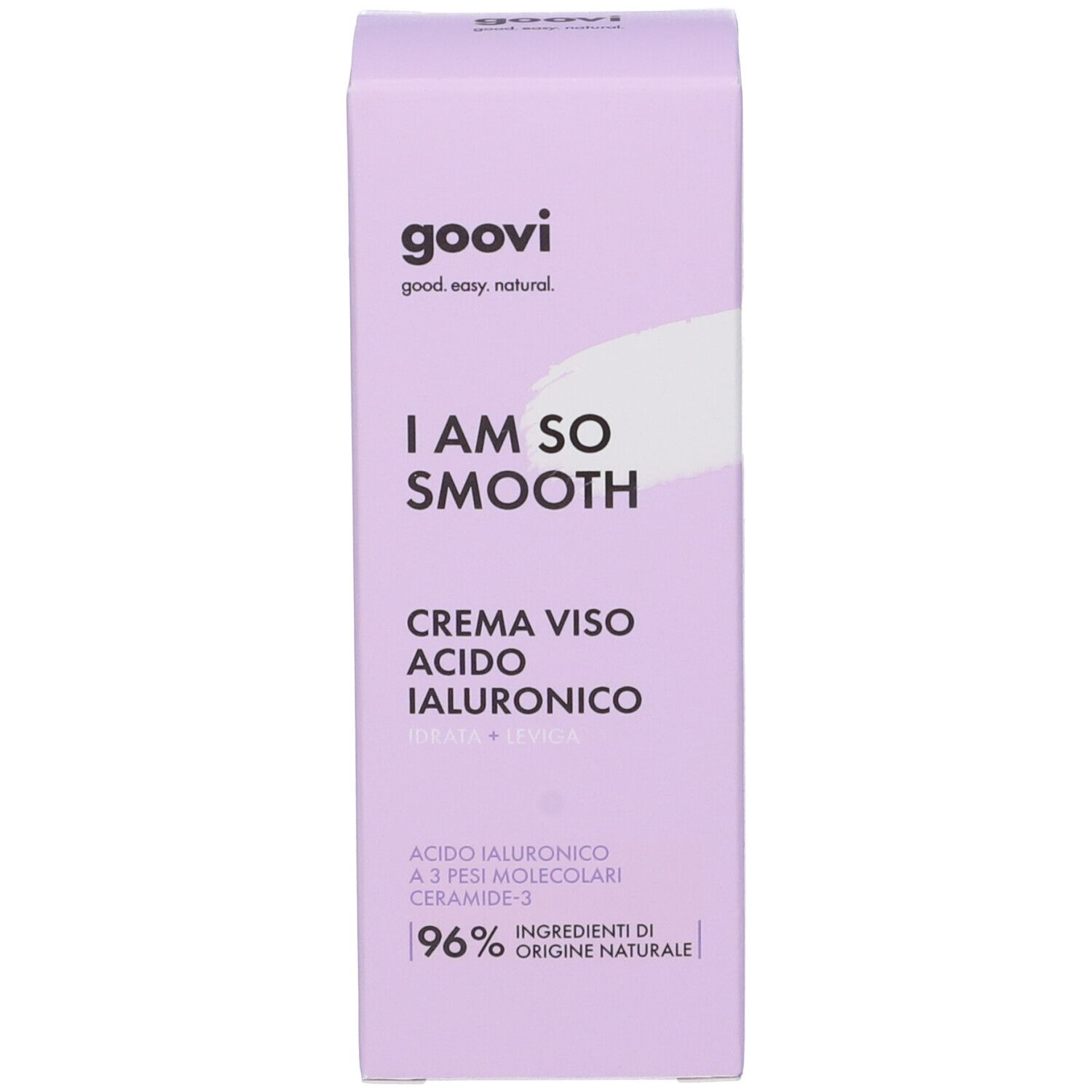 Produktverpackung. Text: Goovi, I Am So Smooth, Crema Viso Acido Ialuronico. 96% Inhaltsstoffe natürlichen Ursprungs.