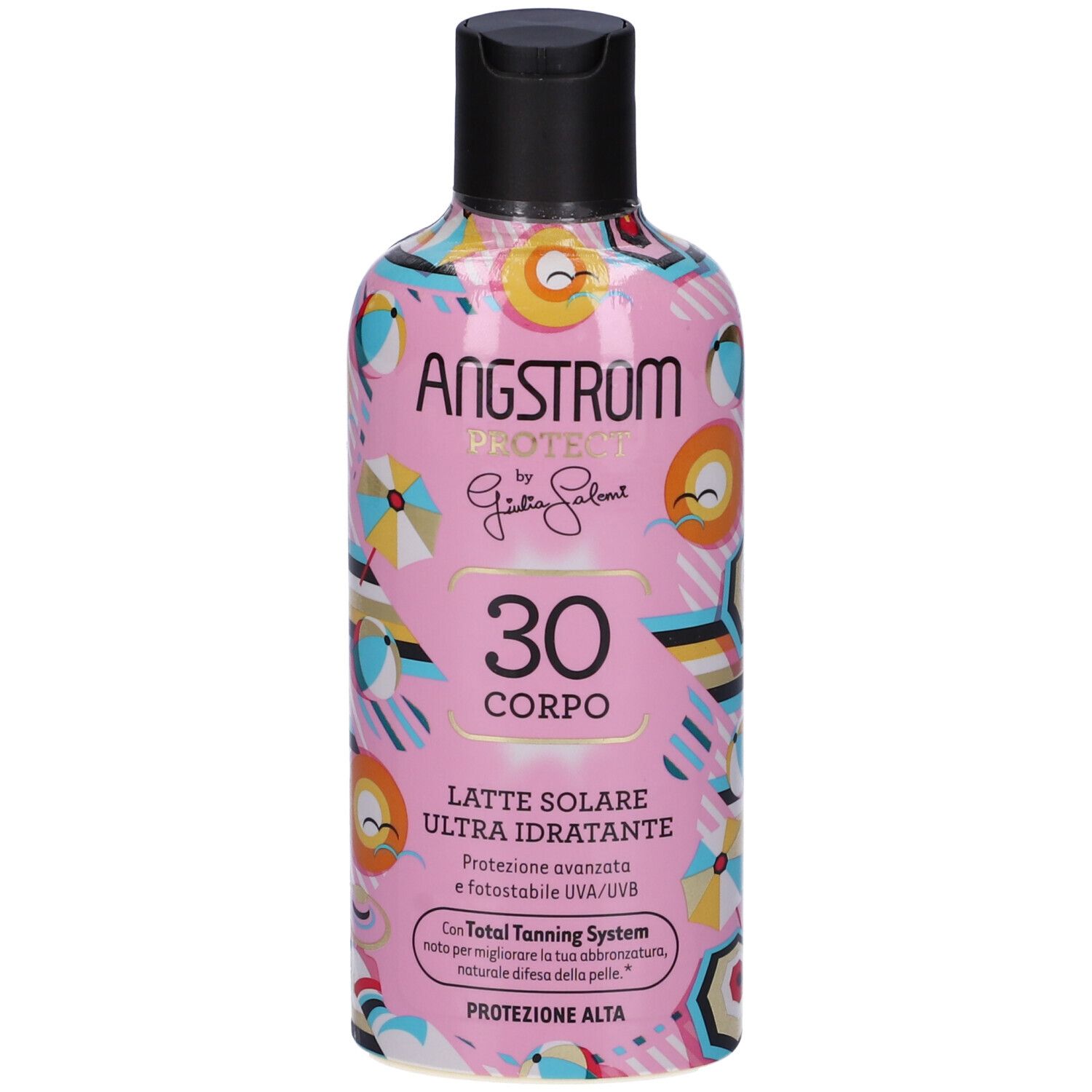 Angstrom, latte solare SPF 30. Flacone rosa con tappo nero. Scritte: nome prodotto, dettagli e logo.