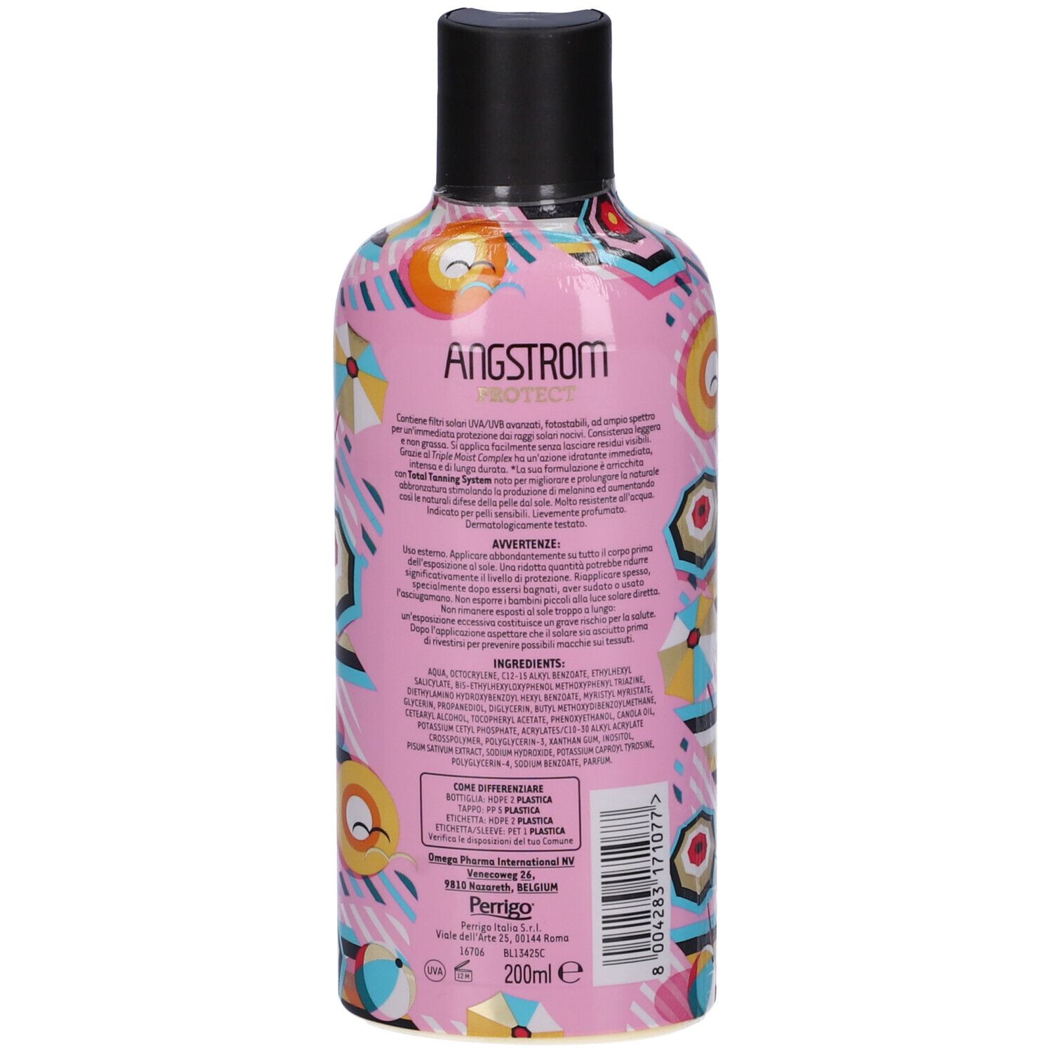 Retro del flacone di latte solare Angstrom. Sfondo rosa con testo e ingredienti.