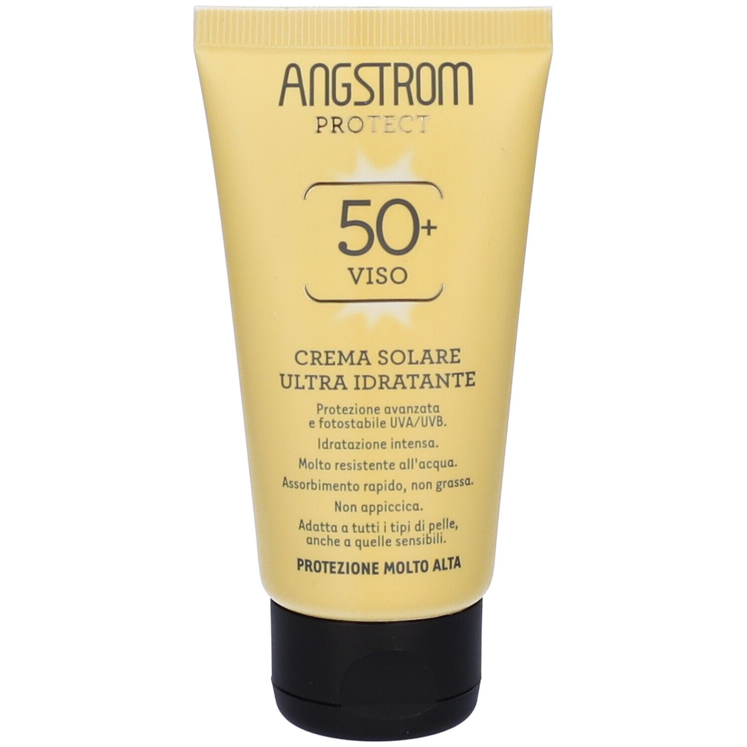 Tubo giallo con tappo nero. Scritta: Angstrom Protect, 50+ Viso, Crema Solare Ultra Idratante. Fattore di protezione 50+.