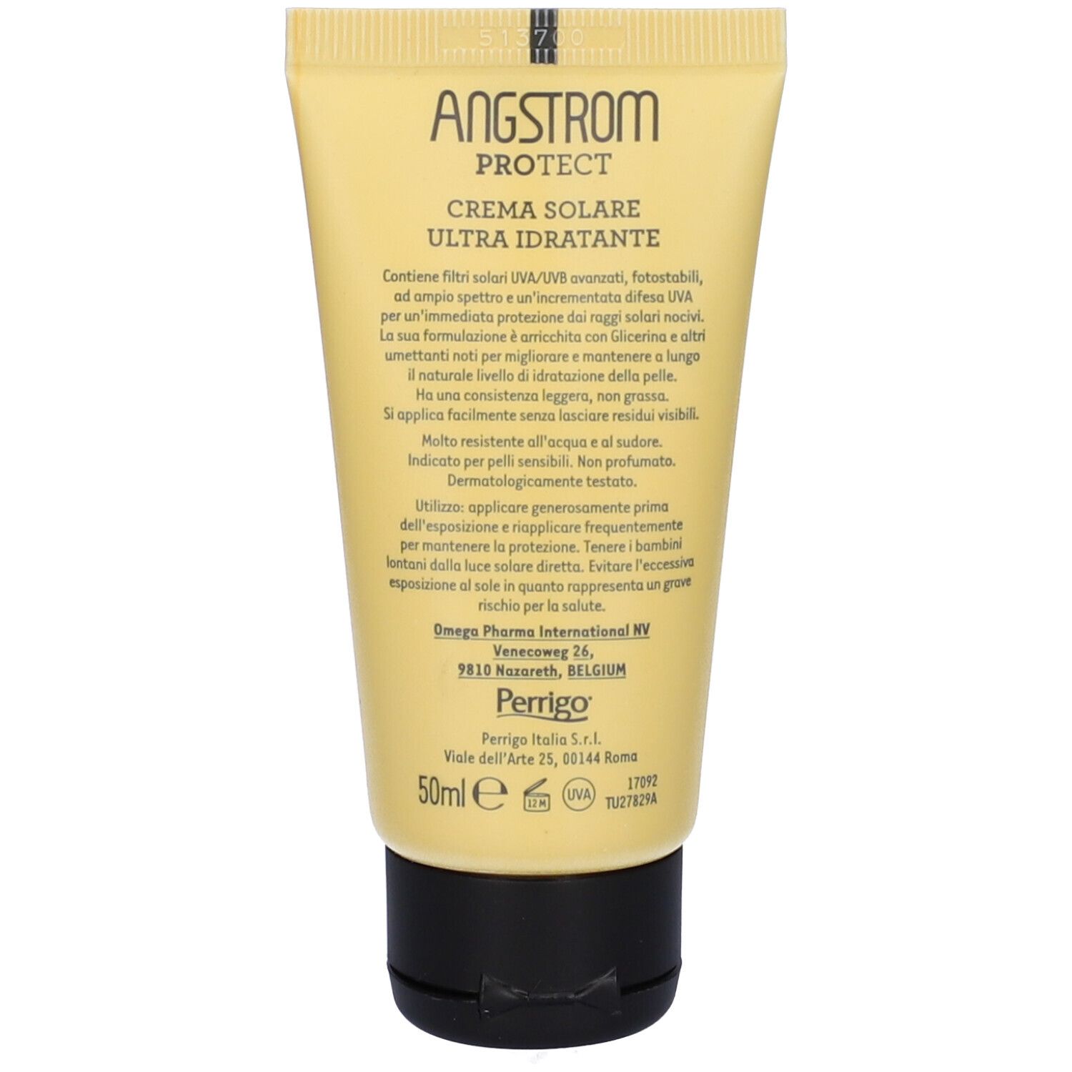 Retro di un tubo giallo. Testo: Angstrom Protect, Crema Solare Ultra Idratante. Ingredienti, istruzioni per l'uso, informazioni del produttore.