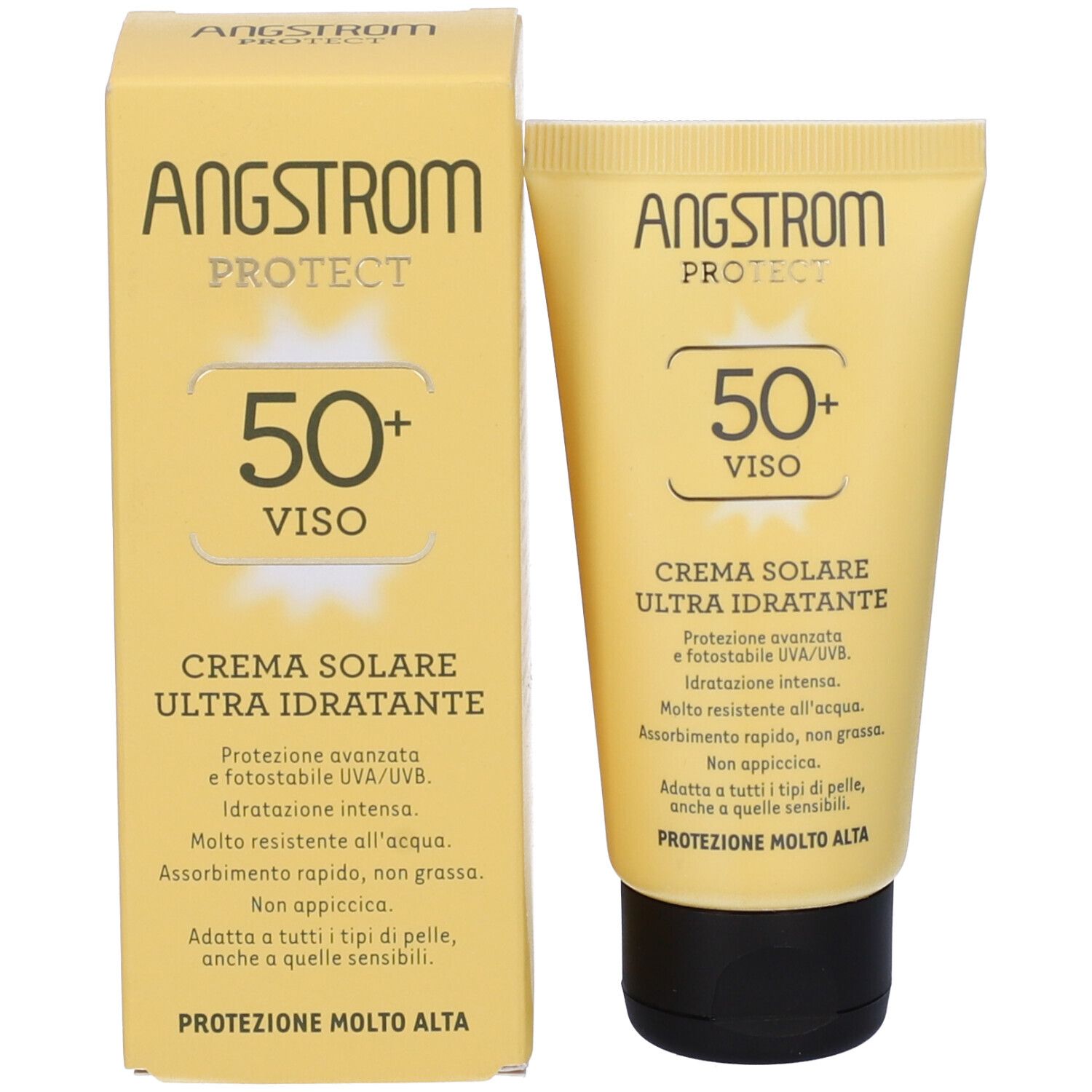 Confezione e tubo. Confezione: scatola gialla con Angstrom Protect, 50+ Viso, Crema Solare Ultra Idratante. Tubo: giallo, nero.