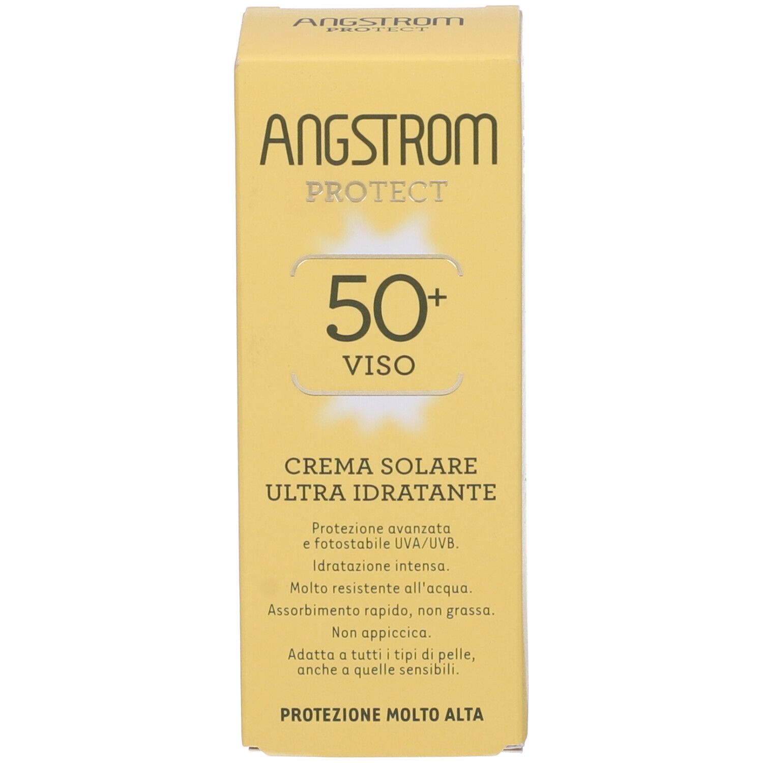 Scatola gialla con Angstrom Protect, 50+ Viso, Crema Solare Ultra Idratante. Testo: fattore di protezione 50+.