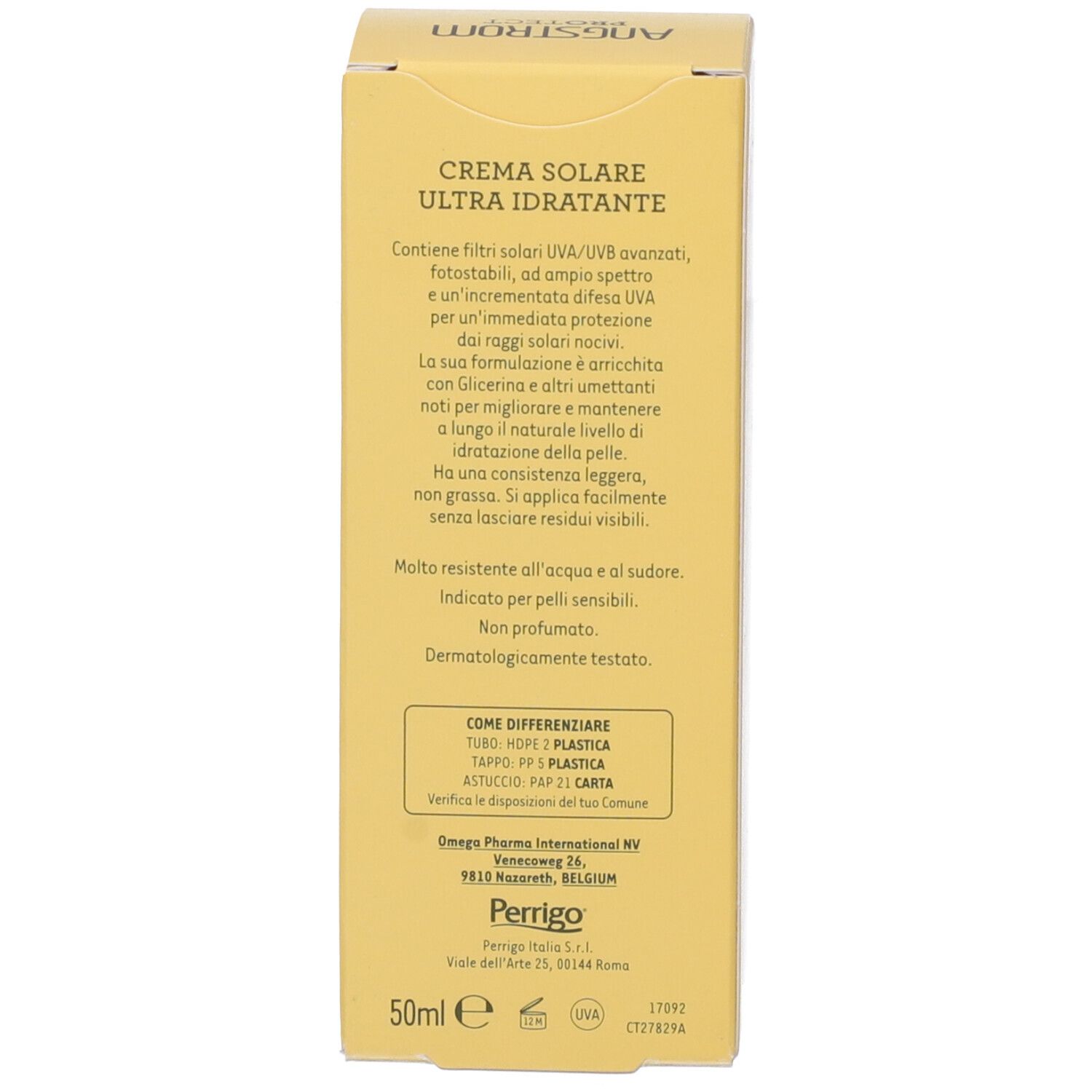 Retro della scatola gialla. Testo: Crema Solare Ultra Idratante, istruzioni per l'uso, informazioni del produttore, 50ml.