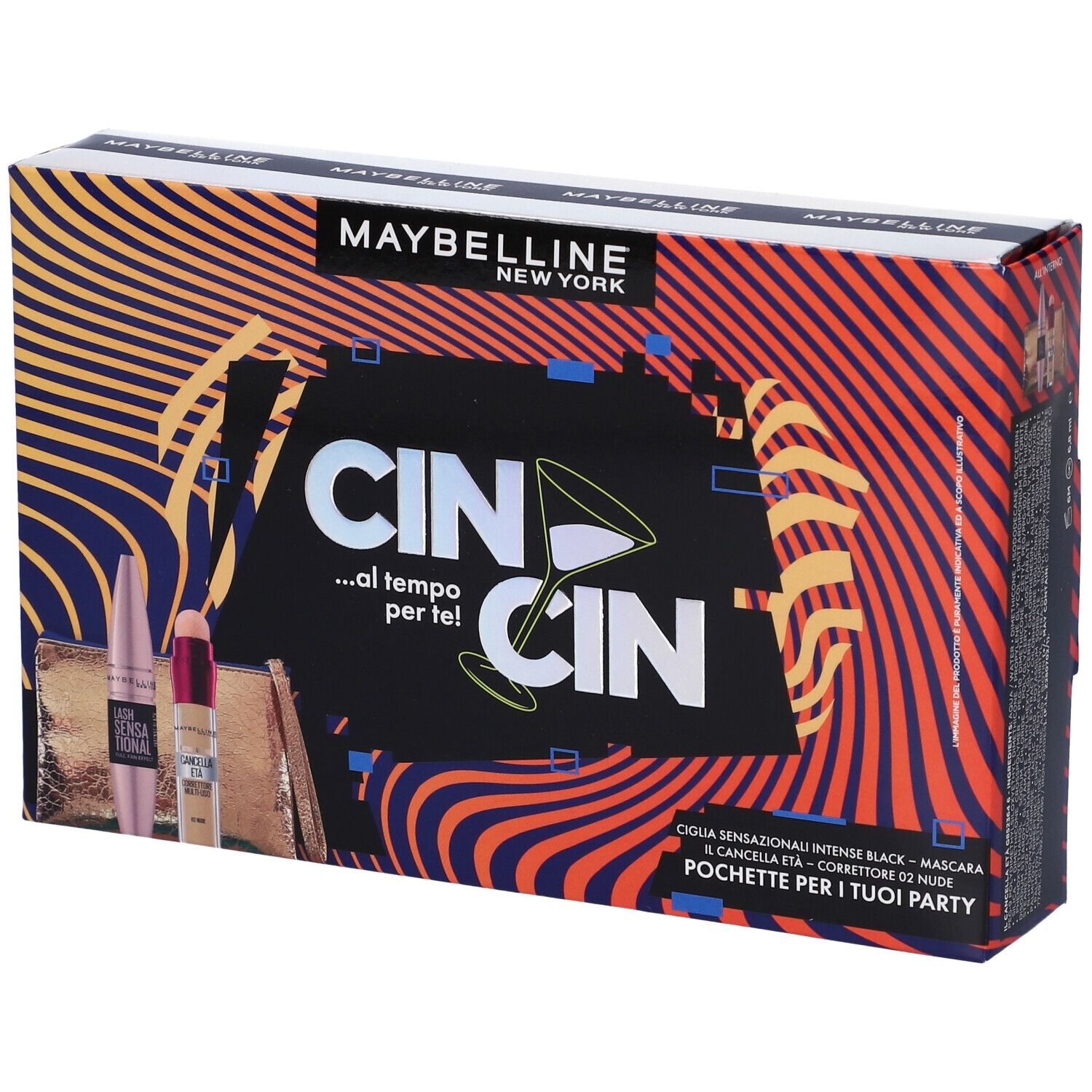 Maybelline New York Coffret. Include mascara, correttore e pochette. Confezione stampata con nome del prodotto.