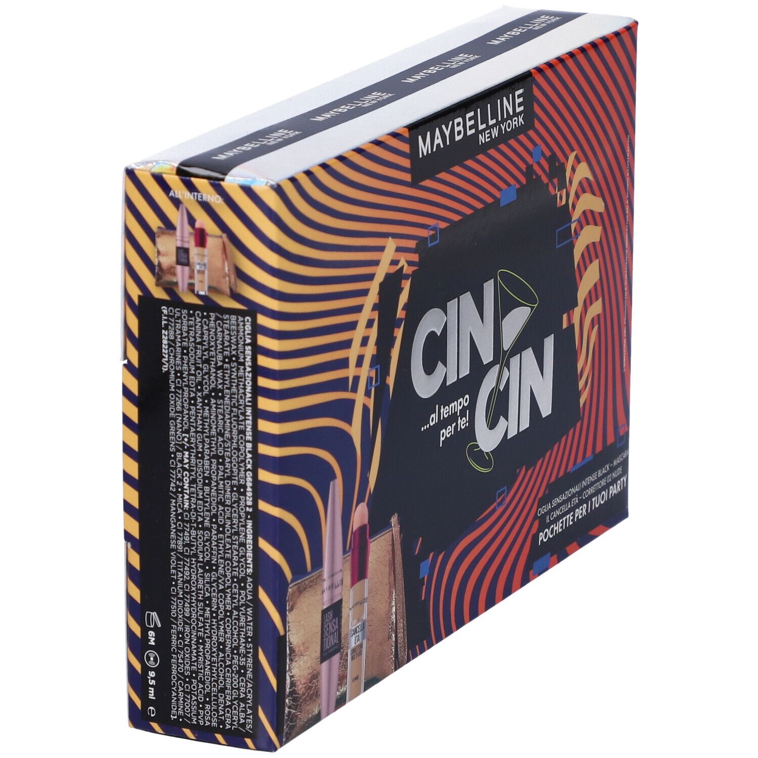 Maybelline New York Coffret. Confezione stampata con nome del prodotto. Vista laterale con testo.