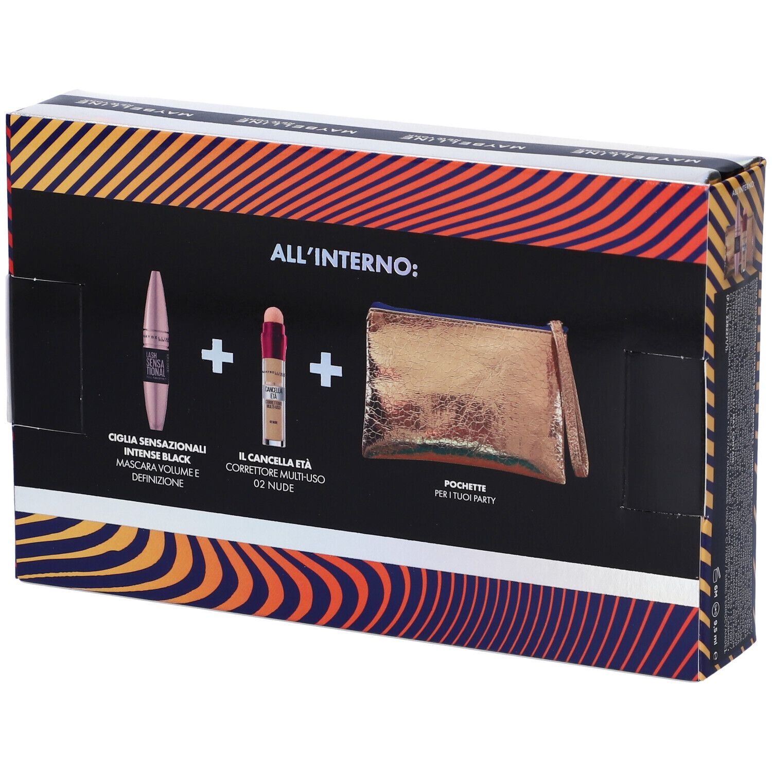 Maybelline New York Coffret. Include mascara, correttore e pochette. Vista posteriore con immagini dei prodotti.
