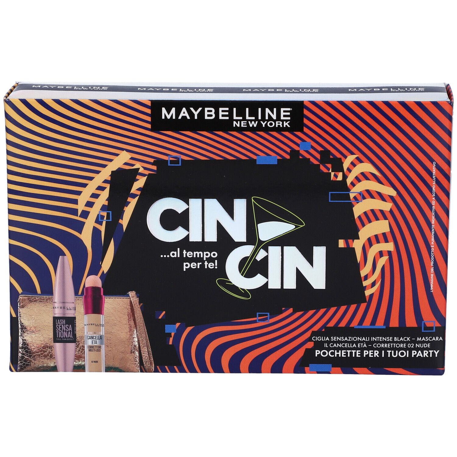 Maybelline New York Coffret. Include mascara, correttore e pochette. Confezione stampata con nome del prodotto.