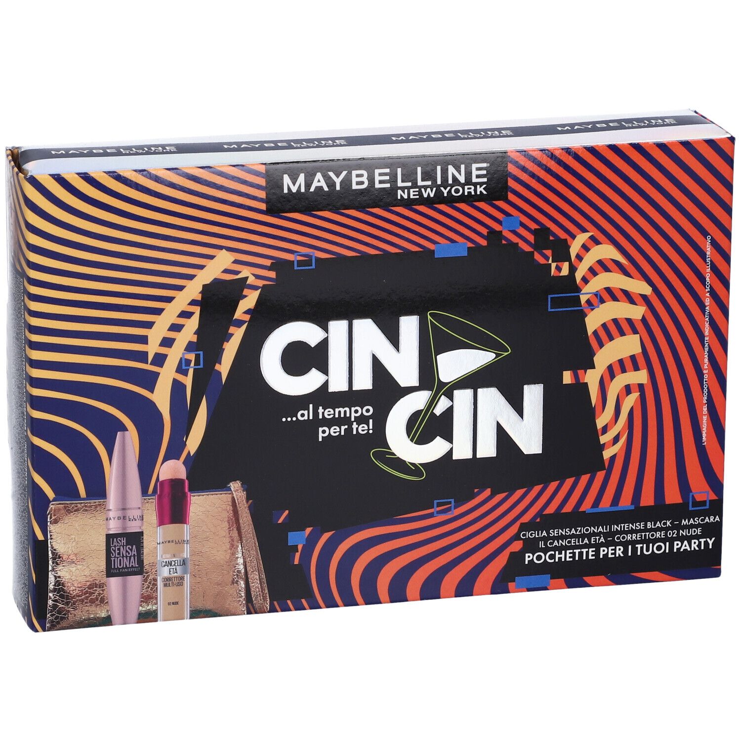 Maybelline New York Coffret. Include mascara, correttore e pochette. Confezione stampata con nome del prodotto.