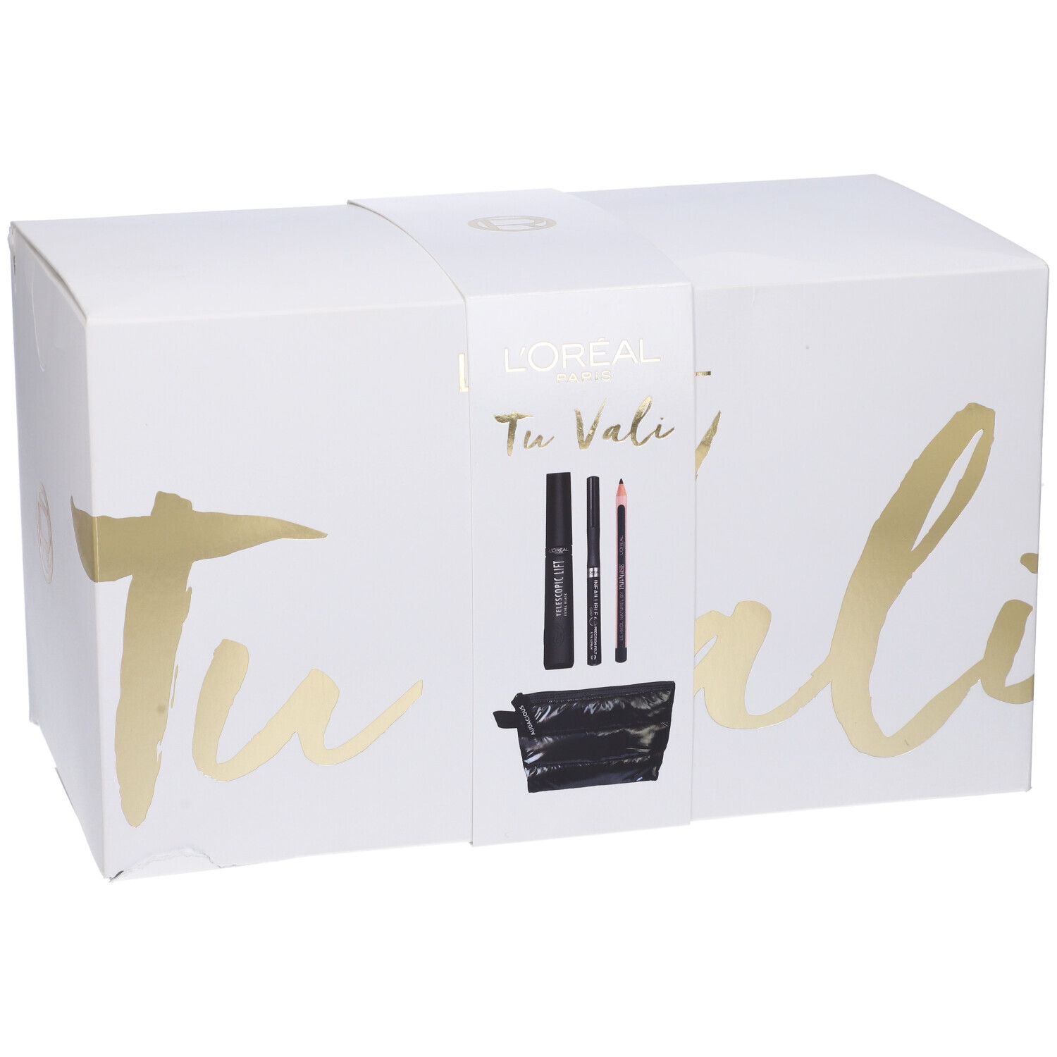 Scatola bianca con scritta e logo dorati. Contiene cosmetici e un beauty case nero.