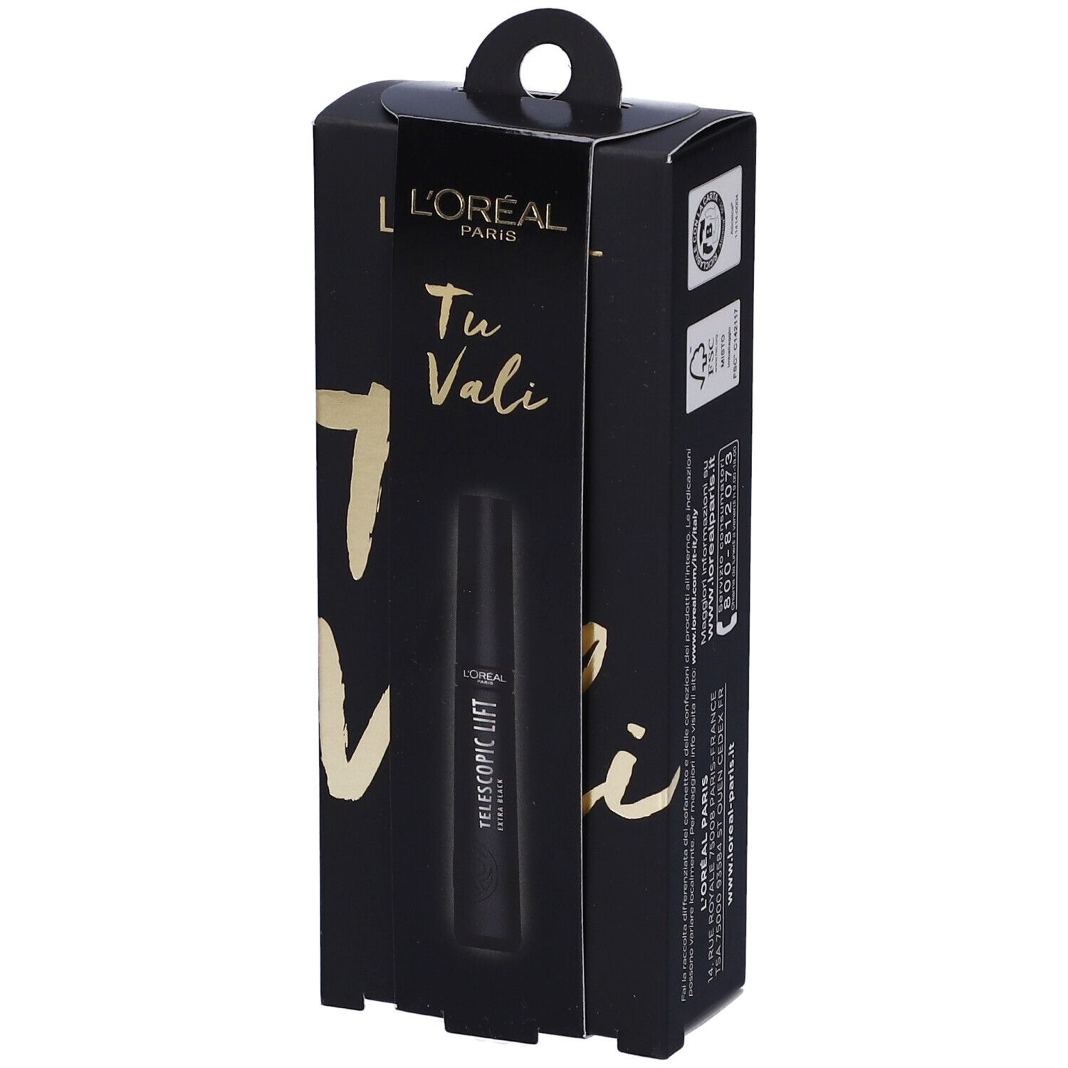Mascara L'Oréal Telescopic Lift nero in confezione nera. Scritta "Tu Vali".
