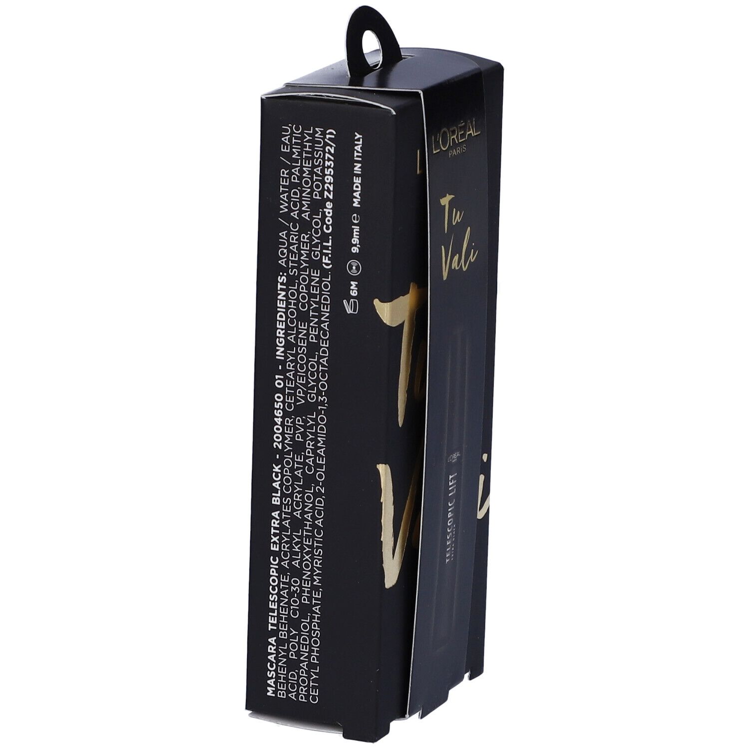 Confezione del mascara L'Oréal Telescopic Lift. Scritta "Mascara Telescopic Extra Black". Elenco ingredienti.