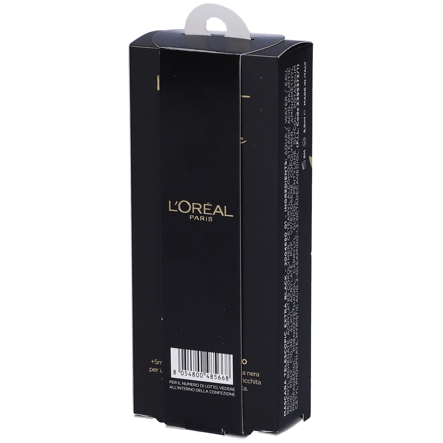 Retro della confezione nera del mascara L'Oréal. Codice a barre e testo.