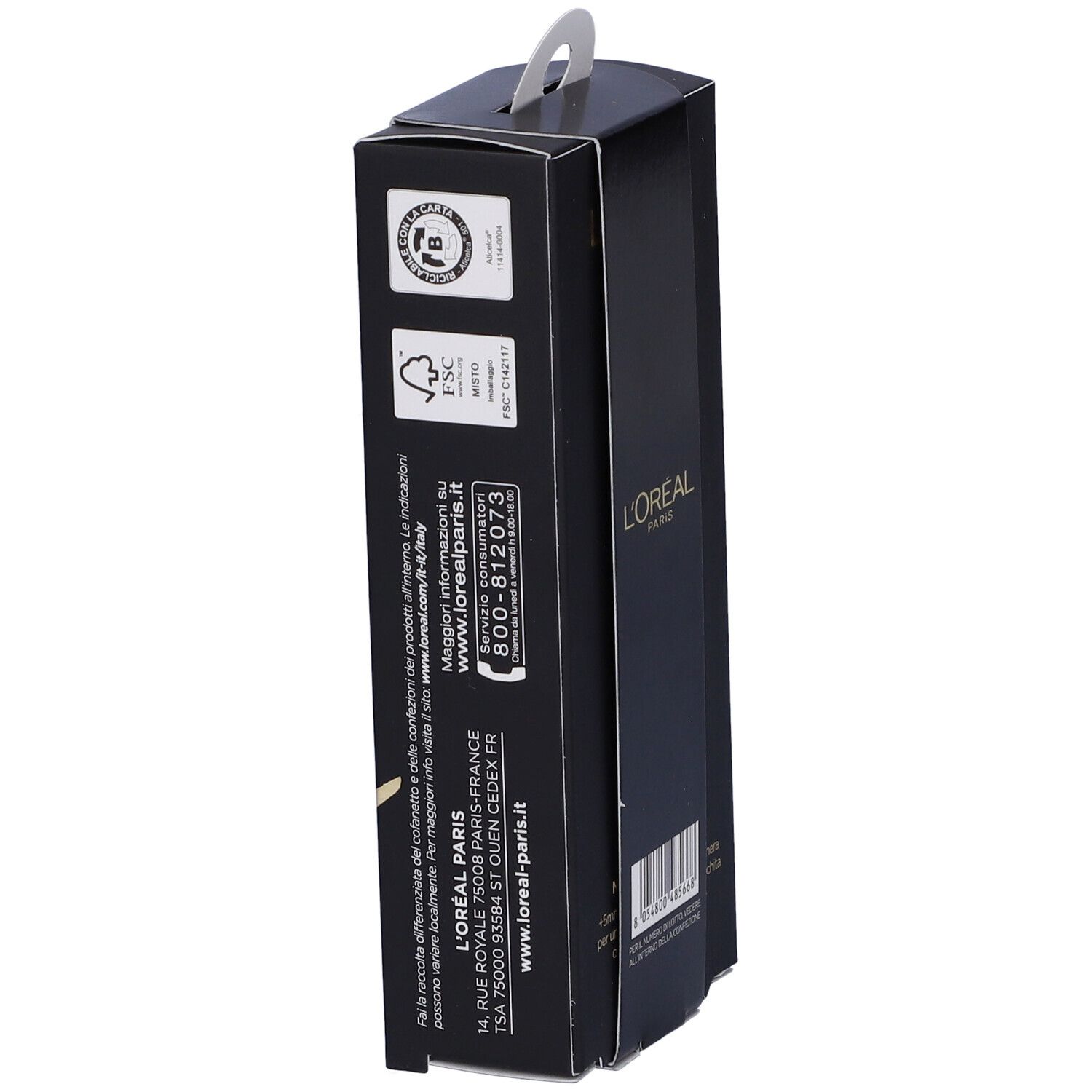 Confezione nera del mascara L'Oréal. Loghi e testo.
