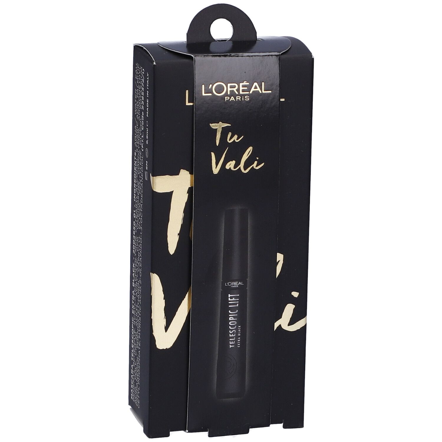 Confezione nera del mascara L'Oréal Telescopic Lift. Scritta "Tu Vali".