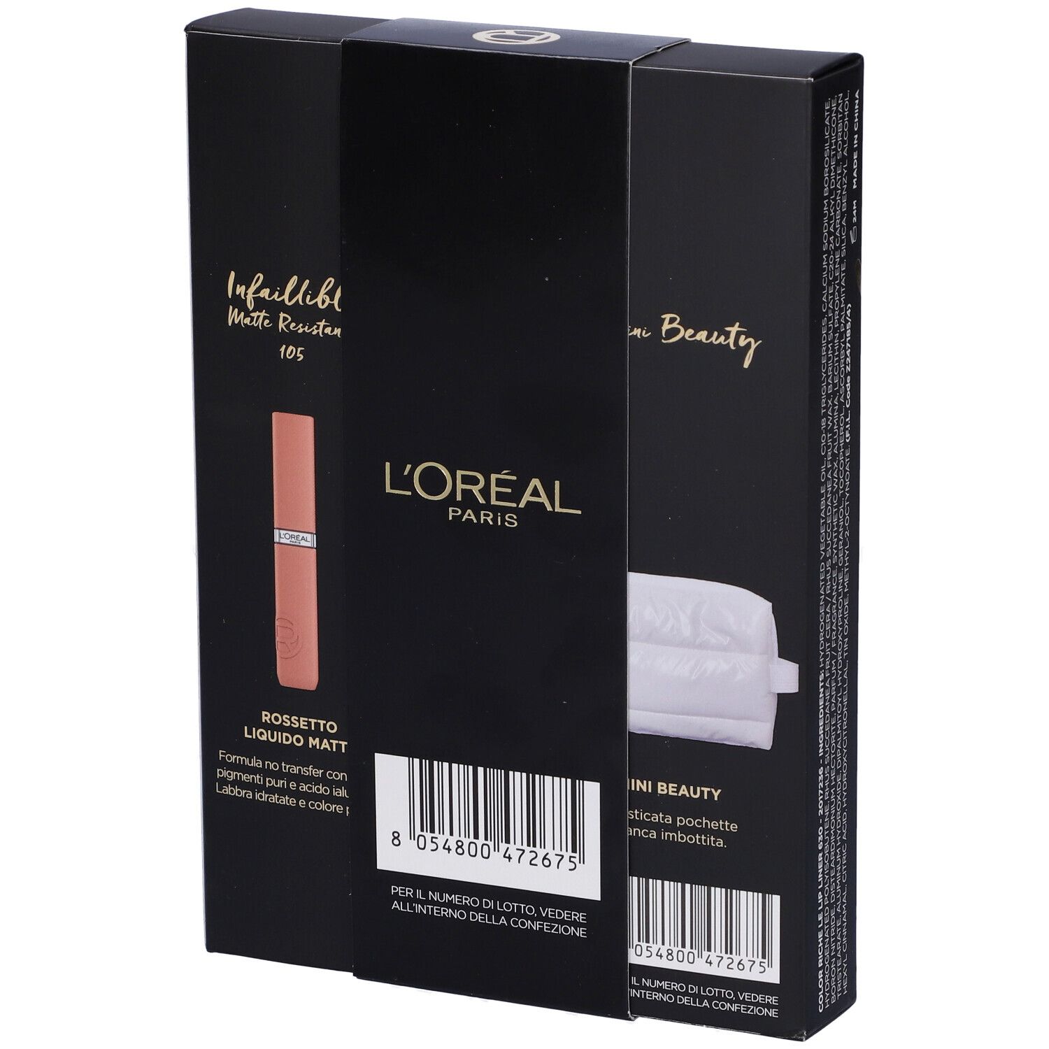 Retro della confezione nera. Mostra rossetto, logo L'Oréal e codice a barre. Nome prodotto: Rossetto Liquido Matt.
