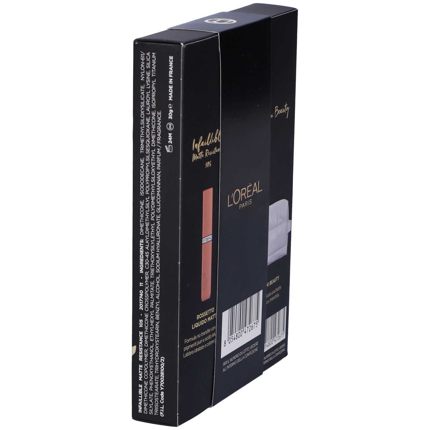 Vista laterale della confezione regalo. Mostra rossetto, logo L'Oréal e ingredienti. Prodotto in Francia.