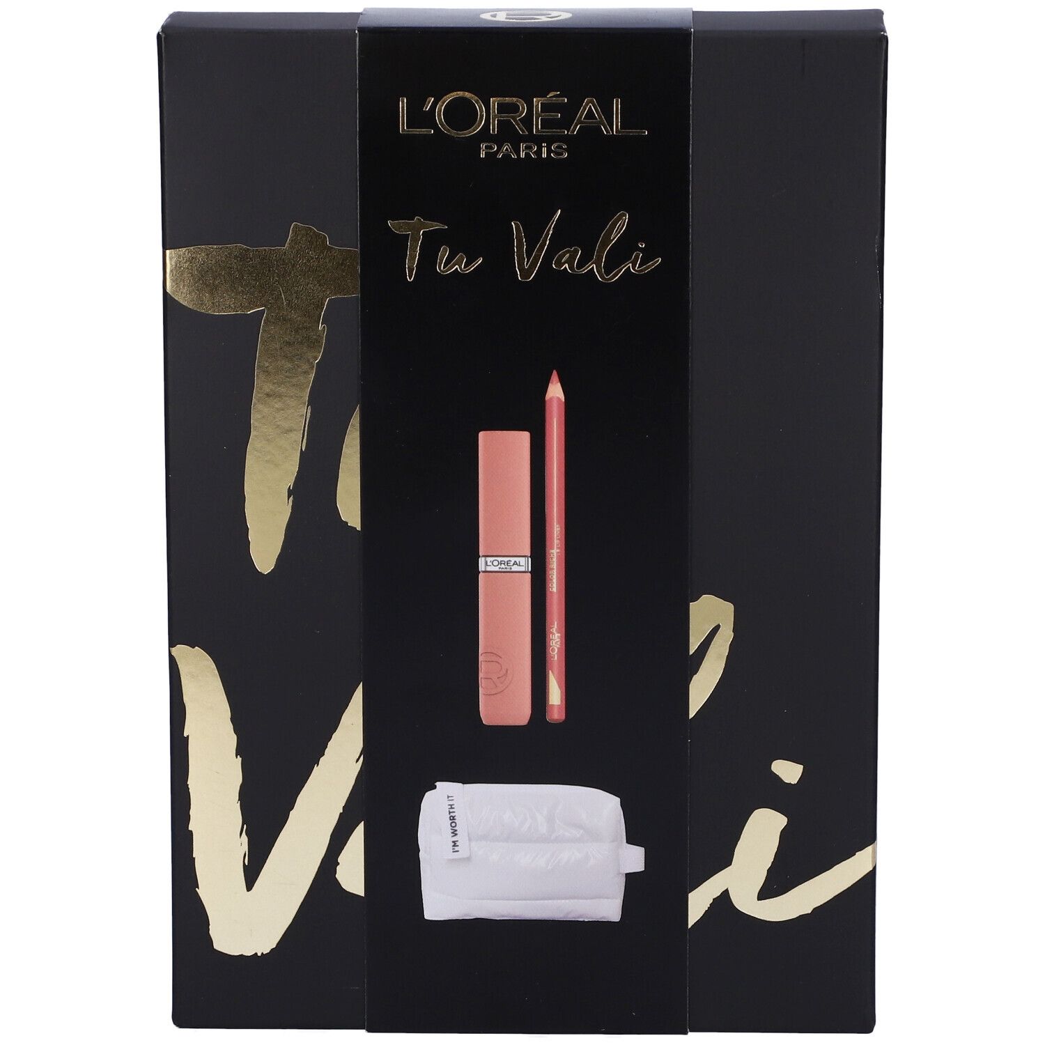 Confezione regalo con rossetto, matita labbra e pochette. Logo L'Oréal e scritta dorata "Tu Vali".
