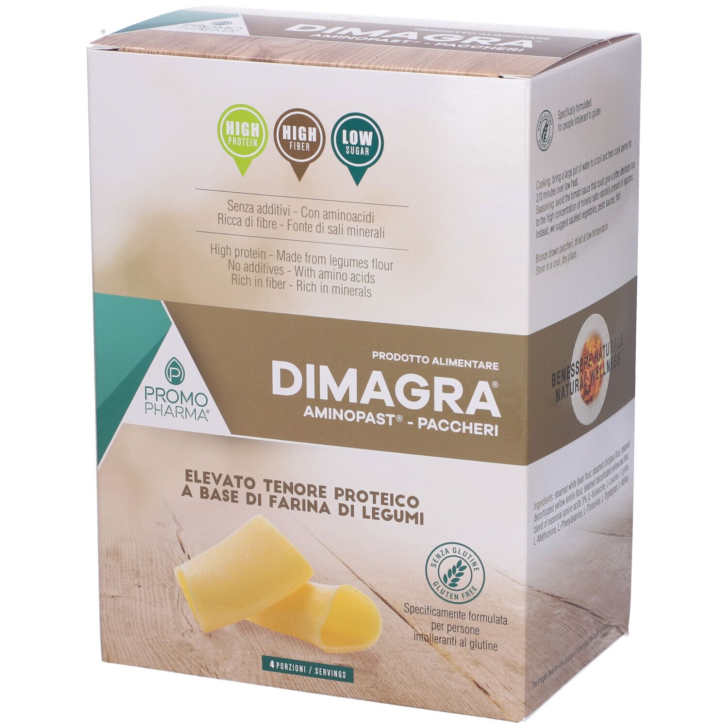Confezione DIMAGRA Aminopast-Paccheri. Scritto: Elevato tenore proteico a base di farina di legumi. Certificazione senza glutine.