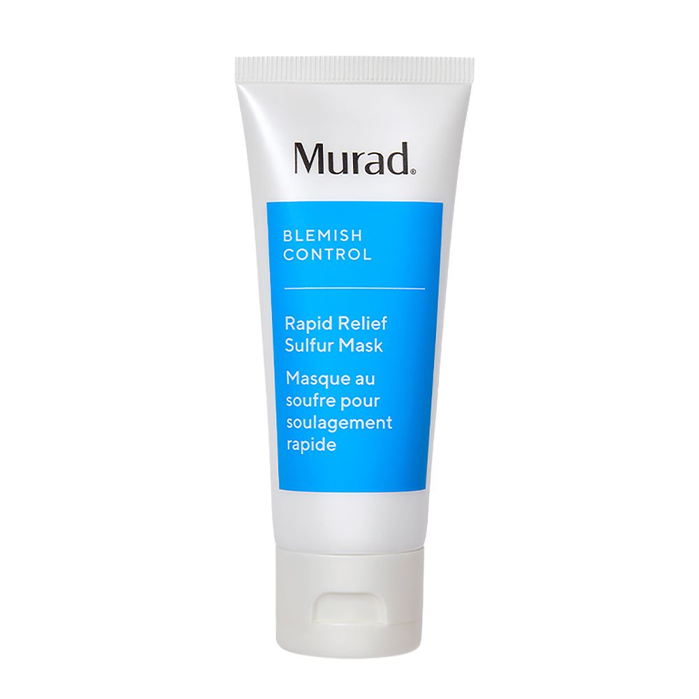 Tubo bianco con riquadro blu. Marchio Murad e nome del prodotto. Maschera allo zolfo ad azione rapida.