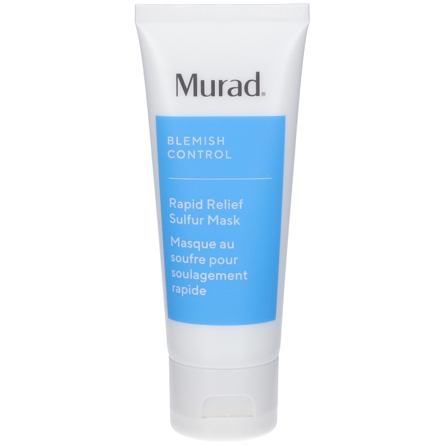 Tubo bianco con riquadro blu. Marchio Murad e nome del prodotto. Maschera allo zolfo ad azione rapida.