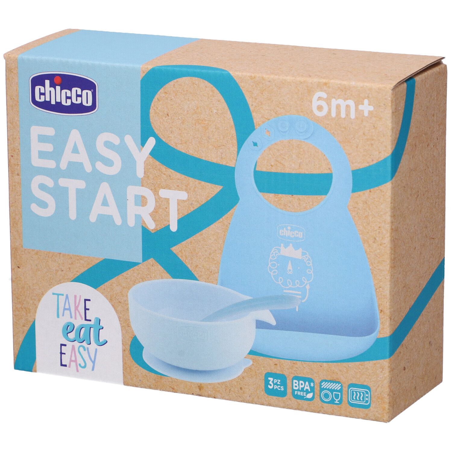 Confezione set pappa per bambini. Include bavaglino, ciotola e cucchiaio. Colore blu. Marchio Chicco, scritta Easy Start.