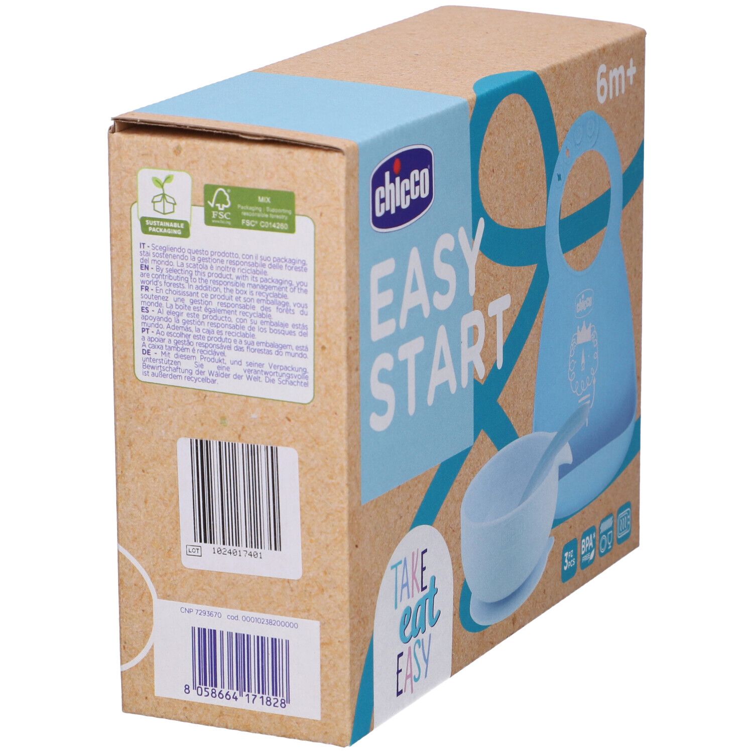 Confezione del set pappa per bambini. Retro con informazioni e codice a barre. Marchio Chicco, scritta Easy Start.