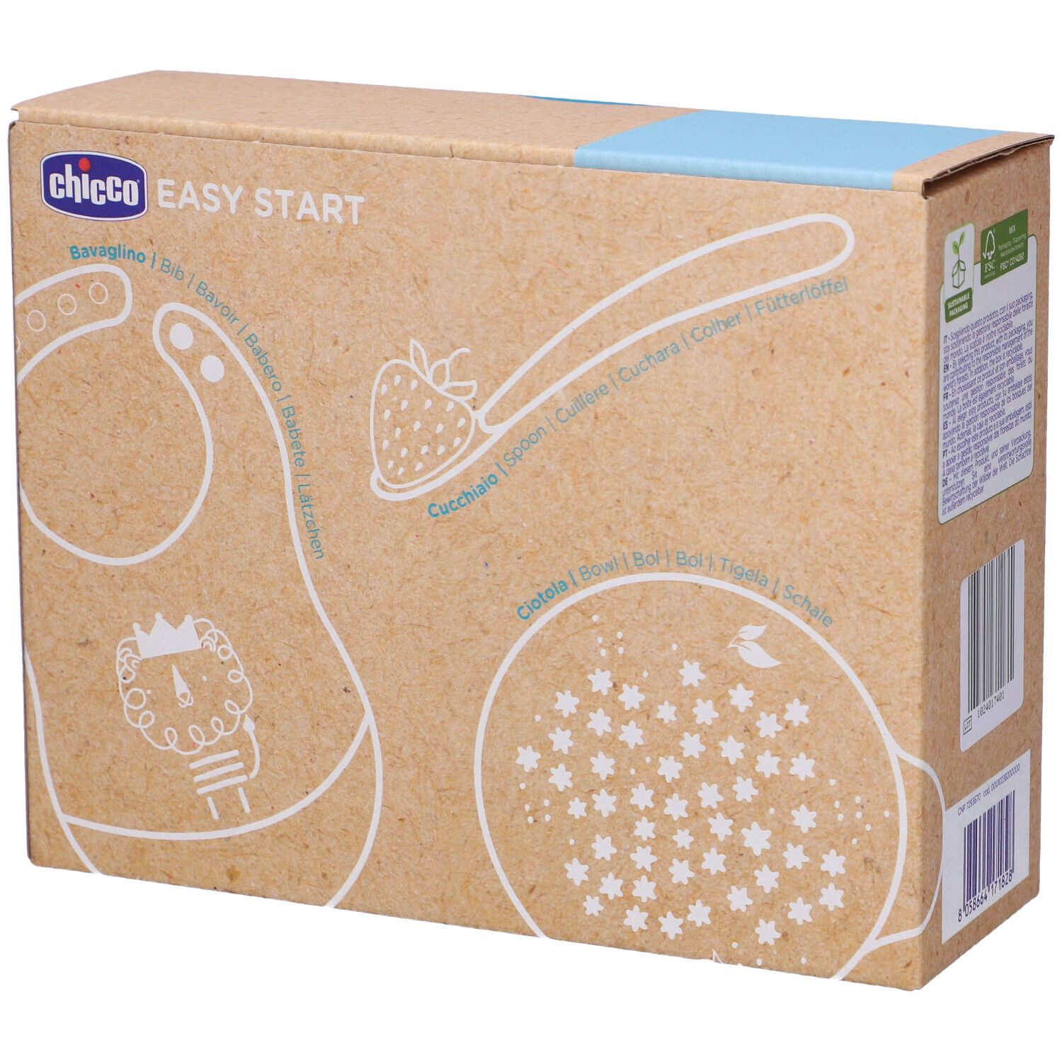 Confezione del set pappa per bambini. Illustrazioni di bavaglino, cucchiaio e ciotola. Marchio Chicco, scritta Easy Start.