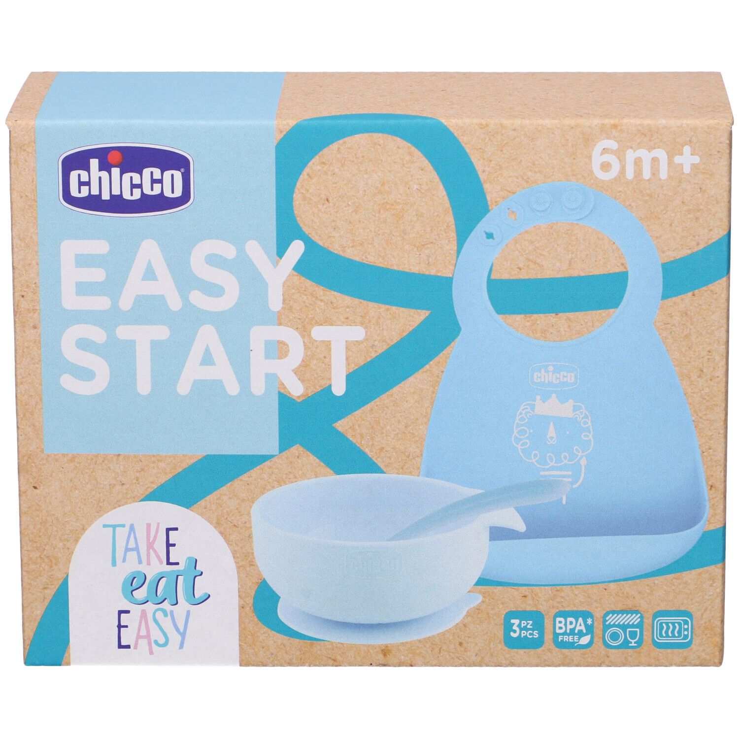 Confezione set pappa per bambini. Include bavaglino, ciotola e cucchiaio. Colore blu. Marchio Chicco, scritta Easy Start.