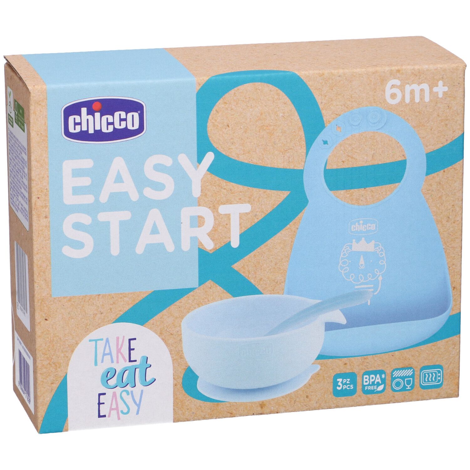 Confezione set pappa per bambini. Include bavaglino, ciotola e cucchiaio. Colore blu. Marchio Chicco, scritta Easy Start.