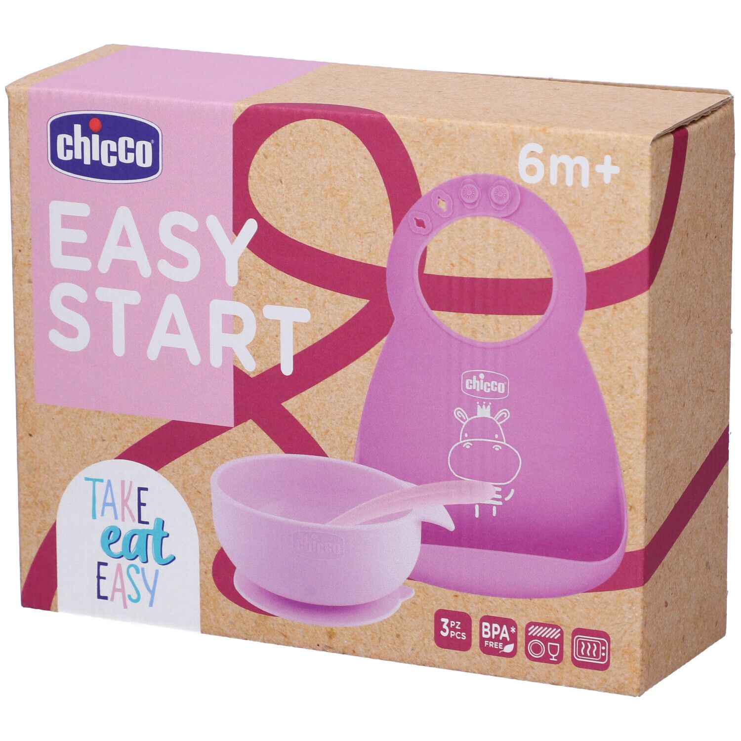 Set pappa rosa in confezione. Include bavaglino, ciotola e cucchiaio. Marchio Chicco, scritta Easy Start.