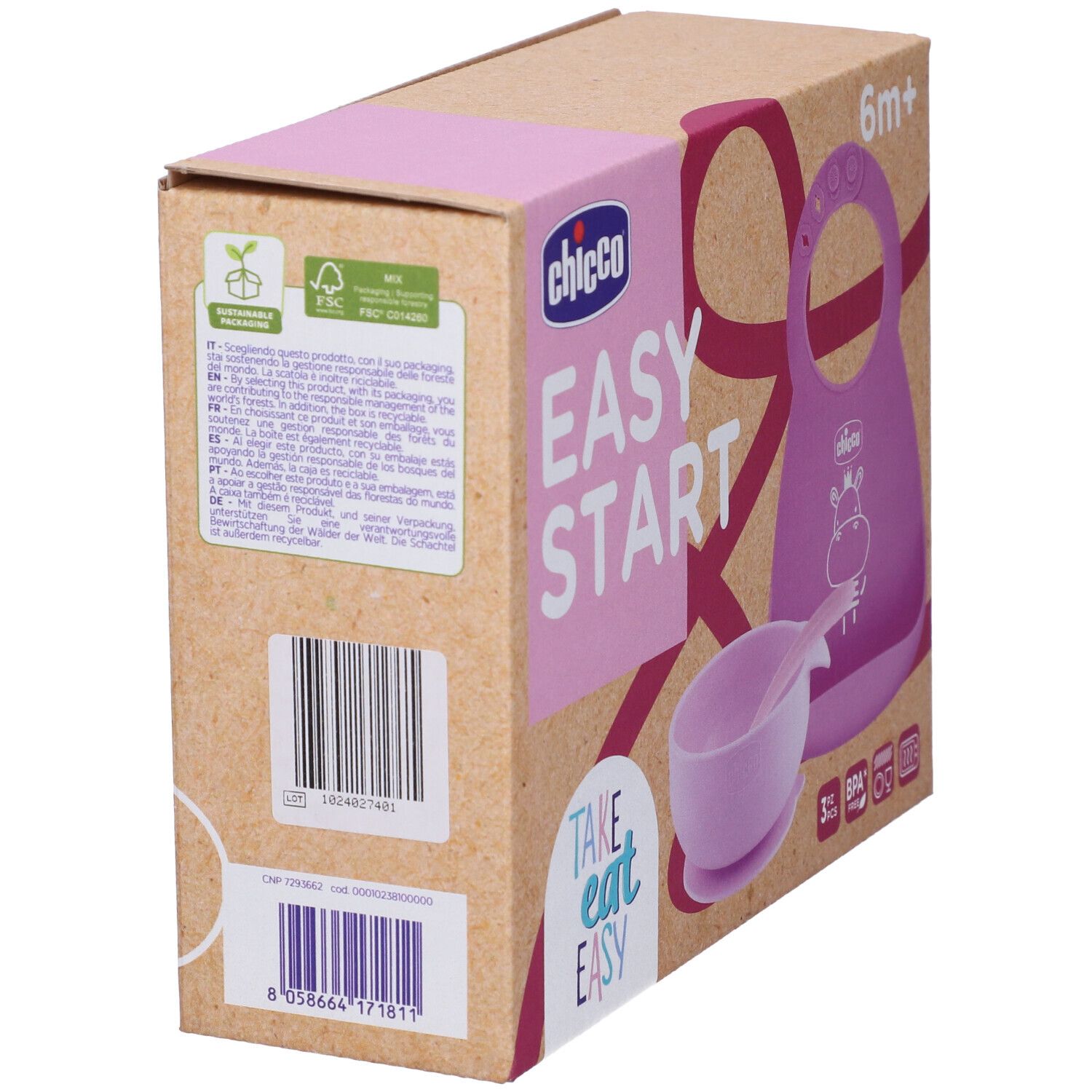 Confezione del set pappa. Marchio Chicco, scritta Easy Start. Include bavaglino, ciotola e cucchiaio.