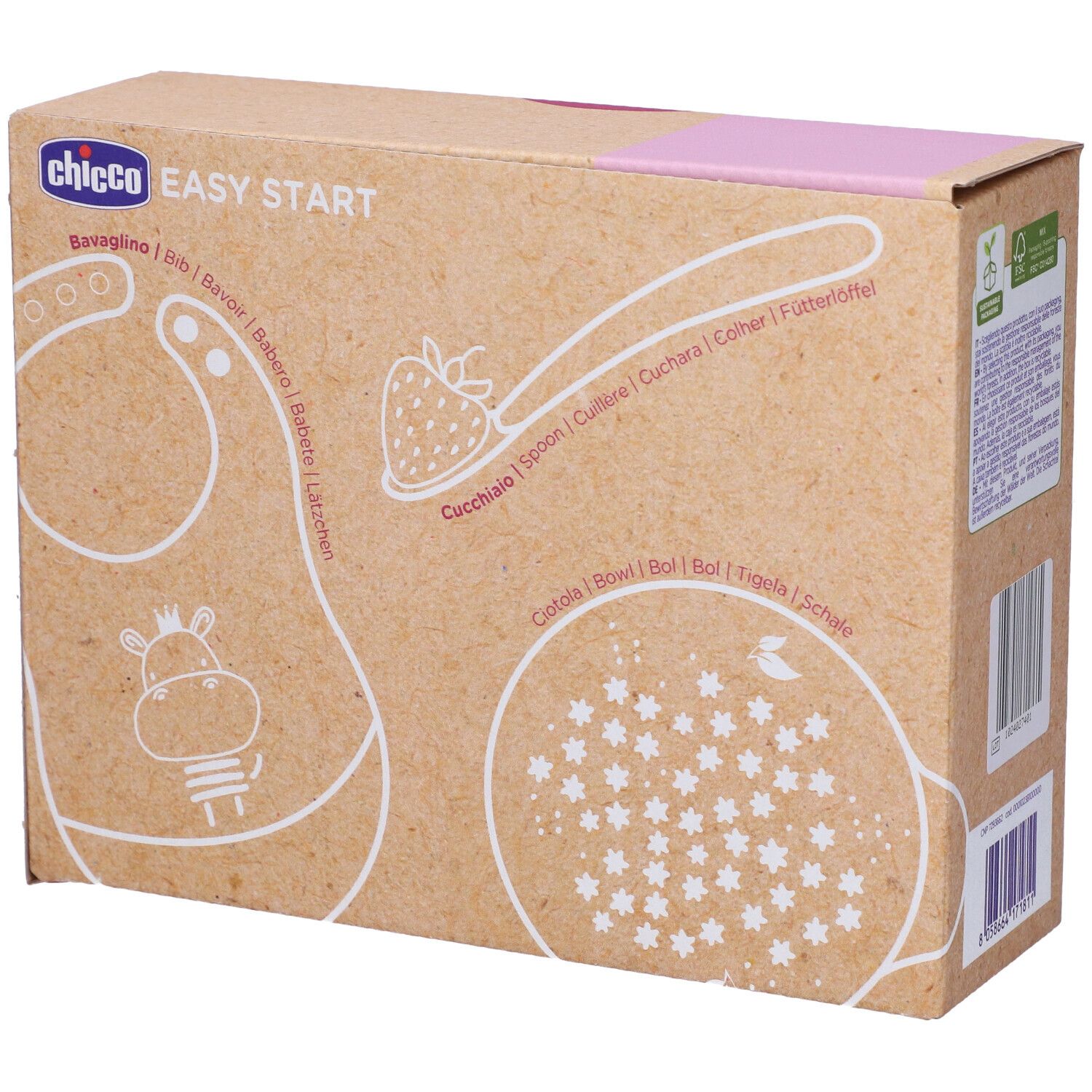 Confezione del set pappa. Marchio Chicco, scritta Easy Start. Illustrazione di bavaglino, cucchiaio e ciotola.