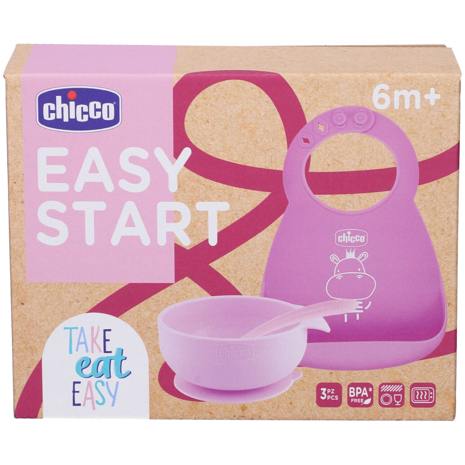 Set pappa rosa in confezione. Include bavaglino, ciotola e cucchiaio. Marchio Chicco, scritta Easy Start.