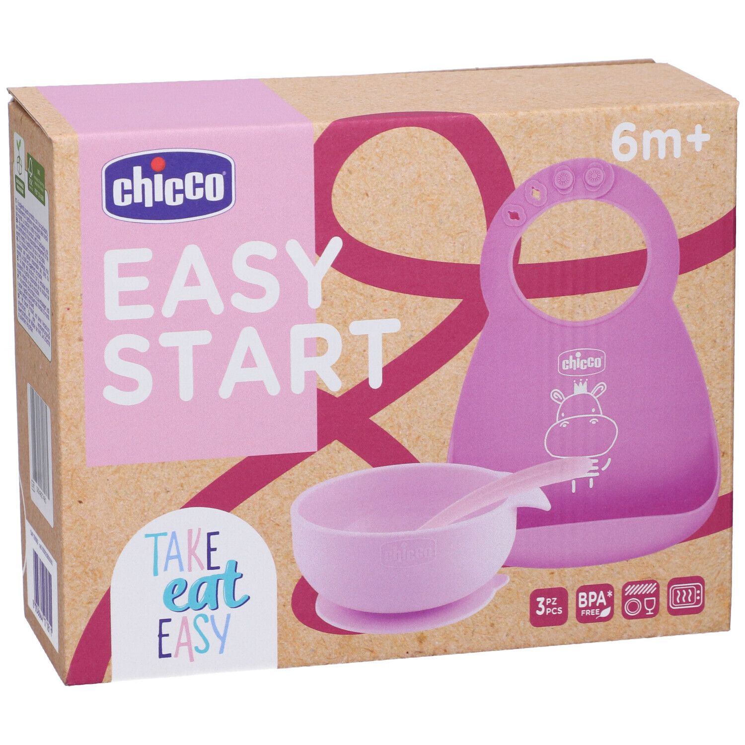Set pappa rosa in confezione. Include bavaglino, ciotola e cucchiaio. Marchio Chicco, scritta Easy Start.