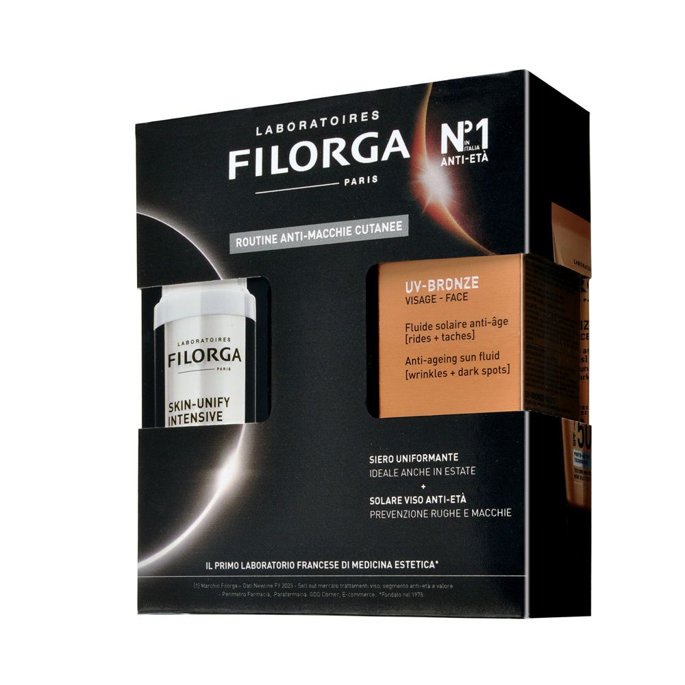 Confezione regalo Filorga. Include Skin-Unify Intensive e UV-Bronze Face SPF50+. Confezione nera con immagini dei prodotti.