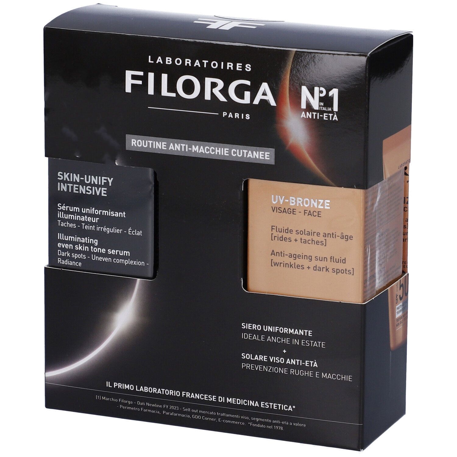 Confezione regalo Filorga. Include Skin-Unify Intensive e UV-Bronze Face SPF50+. Confezione nera con immagini dei prodotti.