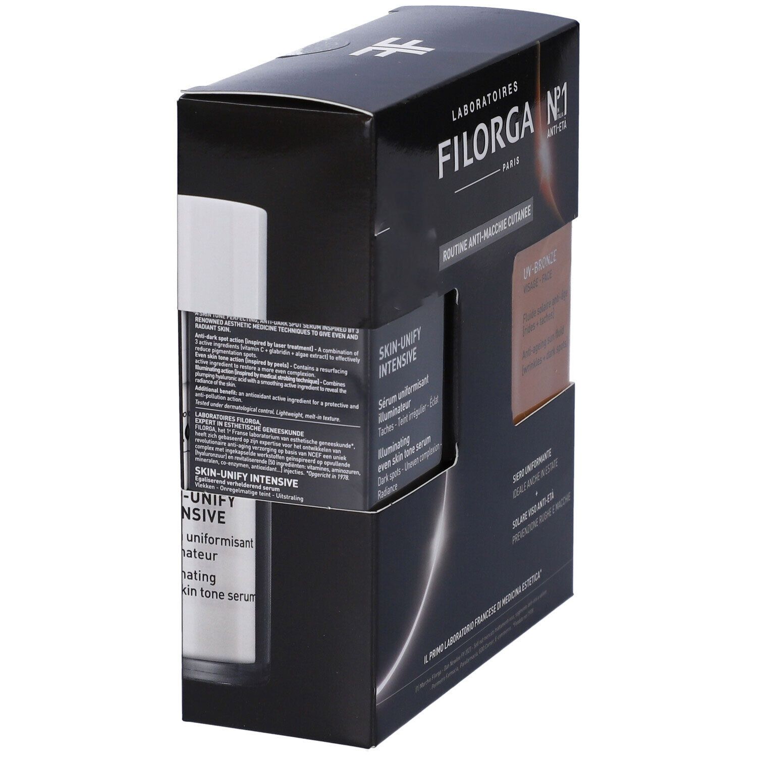 Confezione regalo Filorga, vista laterale. Include Skin-Unify Intensive e UV-Bronze Face SPF50+. Confezione nera.