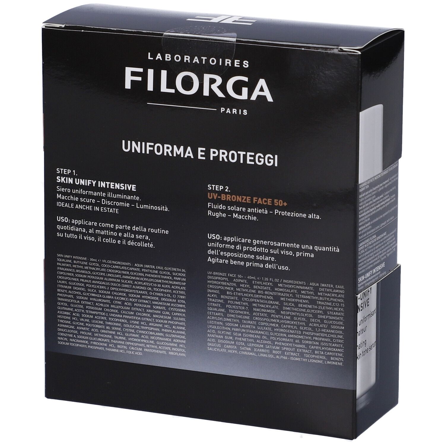 Retro della confezione regalo Filorga. Informazioni testuali e immagini dei prodotti. Confezione nera.
