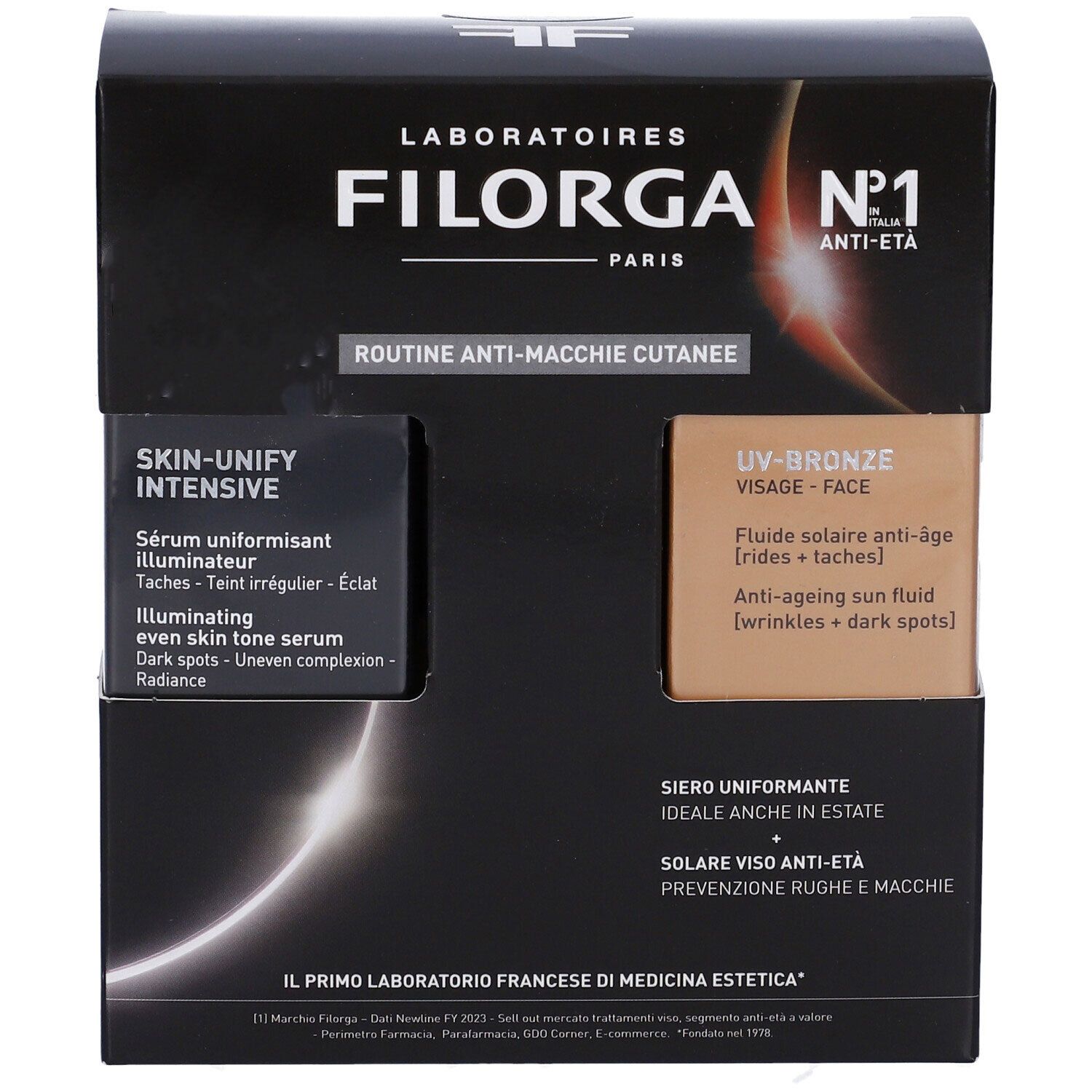 Confezione regalo Filorga. Include Skin-Unify Intensive e UV-Bronze Face SPF50+. Confezione nera con immagini dei prodotti.