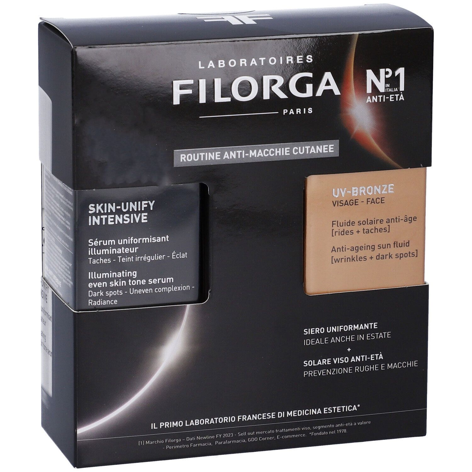 Confezione regalo Filorga. Include Skin-Unify Intensive e UV-Bronze Face SPF50+. Confezione nera con immagini dei prodotti.