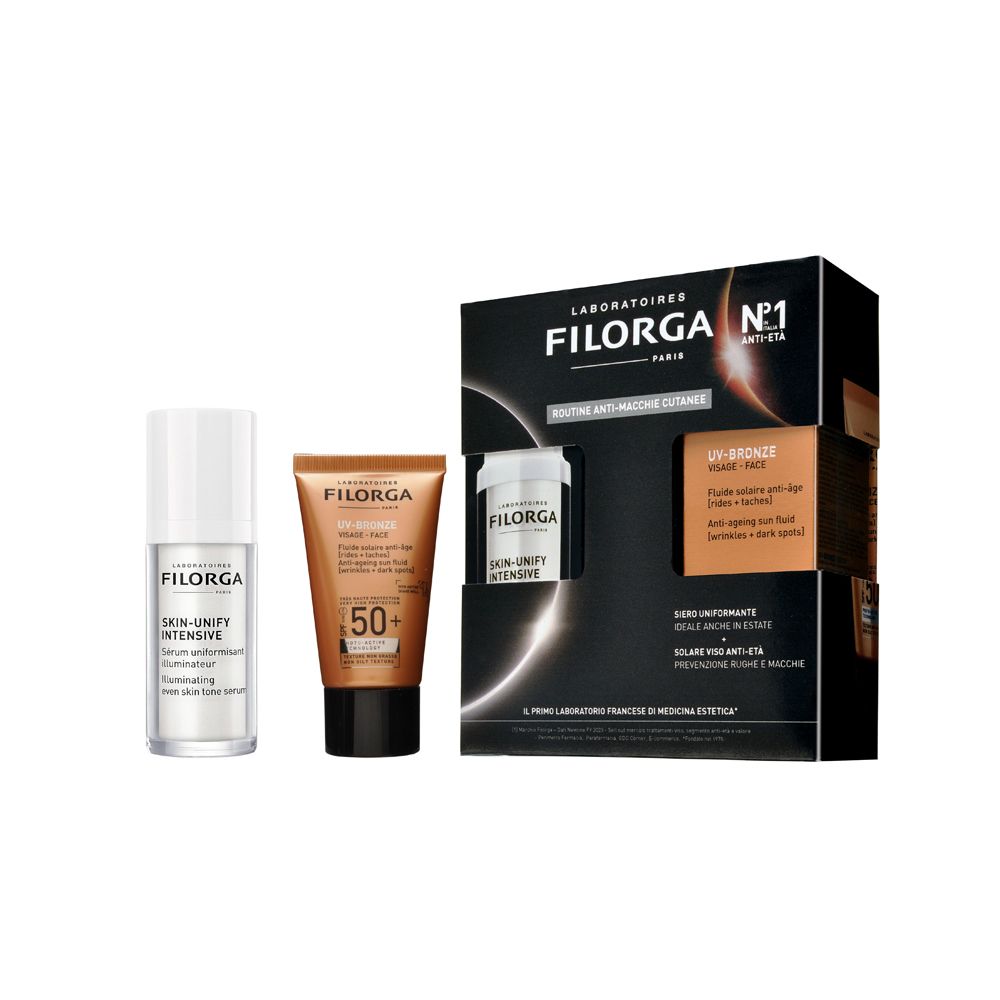 Set Filorga con Skin-Unify Intensive, UV-Bronze Face SPF50+ e confezione. Prodotti affiancati.