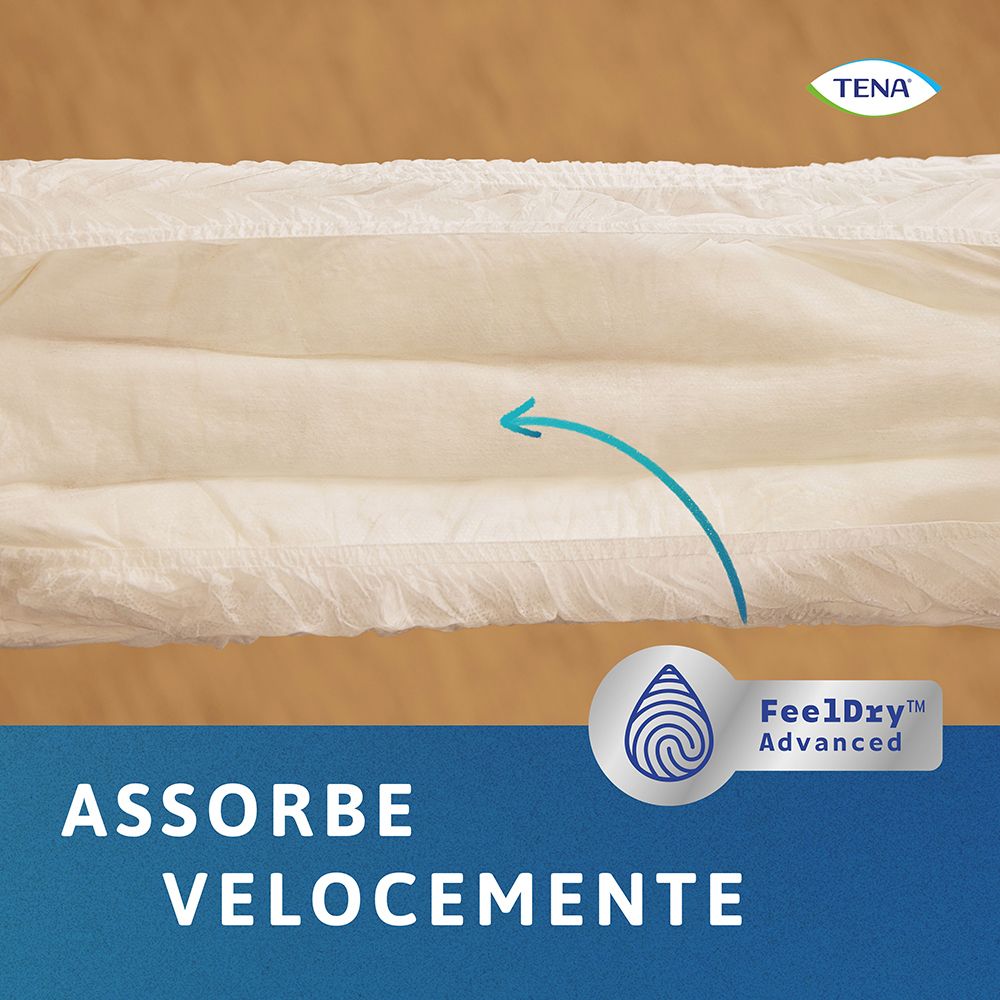 Nahaufnahme der Innenseite der TENA ProSkin Pants. Text: Absorbiert schnell. Logo: FeelDry Advanced.