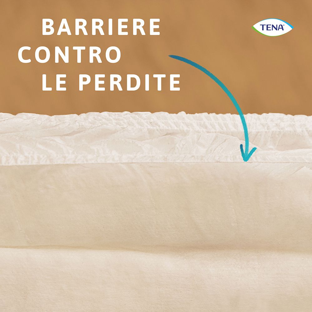 Nahaufnahme der TENA ProSkin Pants. Text: Barrieren gegen Leckagen. Logo: TENA.